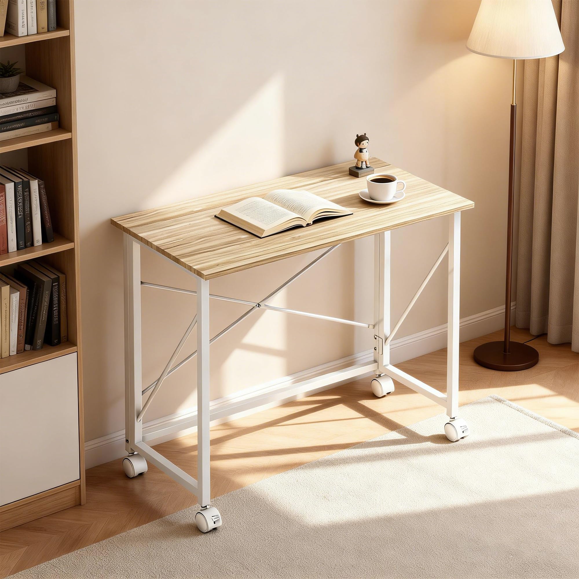 HOMCOM Escritorio Plegable con Ruedas Compacta Casa 80x40x75 cm Natural | Mesa Escritorio Compacta, Mesa de Ordenador Portátil, para Oficina, Espacios Pequeños