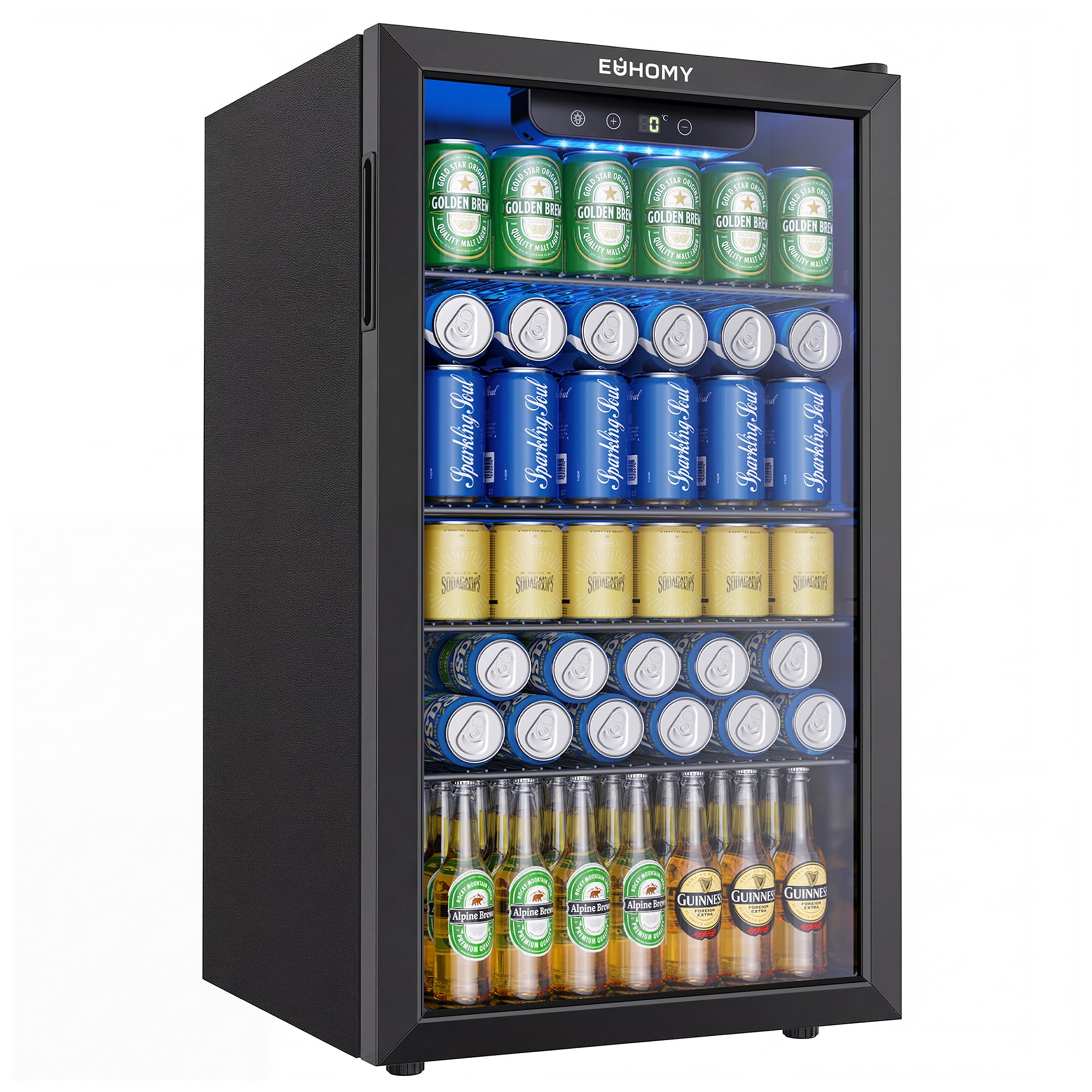 EUHOMY Frigorifero per bevande, mini frigo per 126 lattine con porta in vetro, piccolo frigorifero con ripiani regolabili per limonata, birra o vino, perfetto per casa/bar, ufficio, nero
