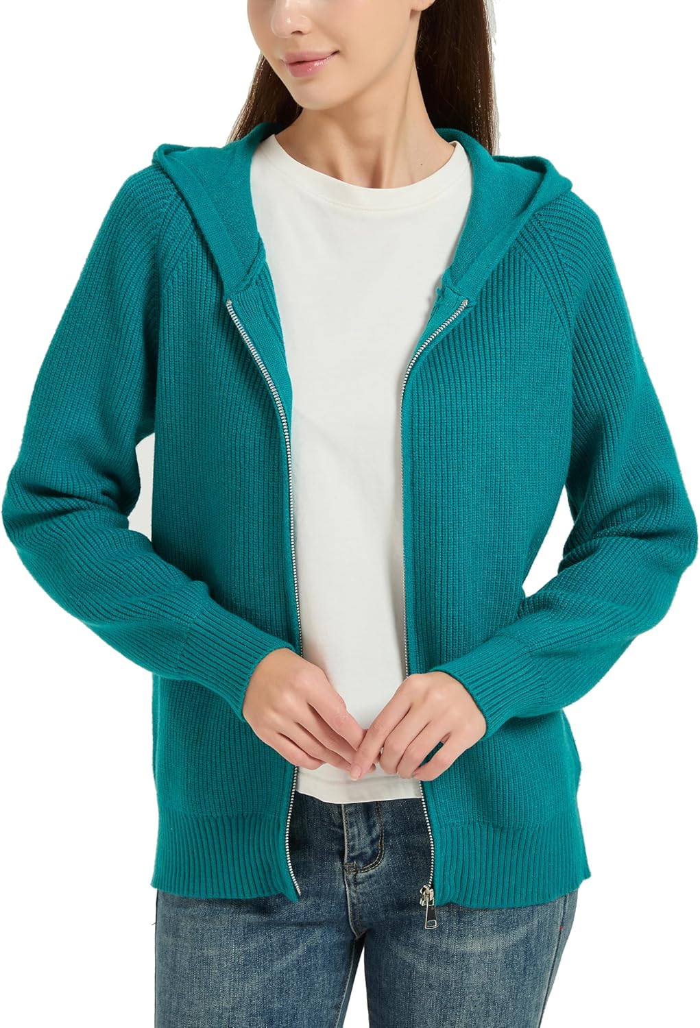 Tronjori Womens Zip up Hooded Cardigan Knitted Hoodies Raglan Sleeve Sweaters Jacket Outerwear Fall Winter