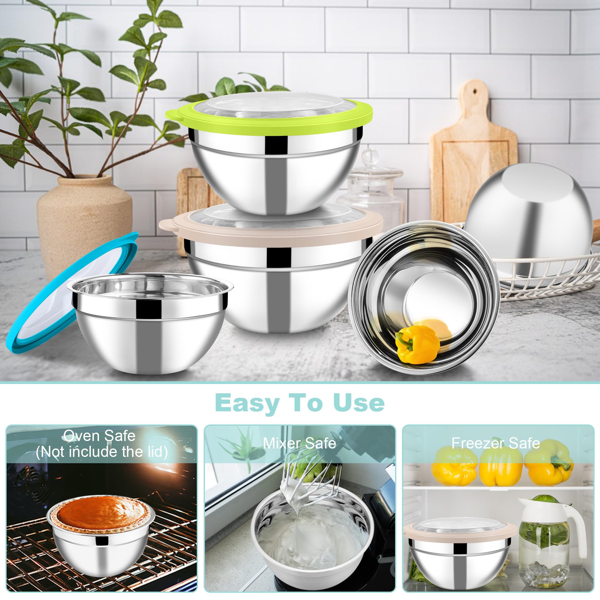 Joyfair Rührschüsseln, 5 Stück, Edelstahl, ineinander stapelbare Salatschüssel mit luftdichten, transparenten Deckeln, Metallschüssel-Set, ideal für Küche, Mischen, Backen, Servieren, Aufbewahren