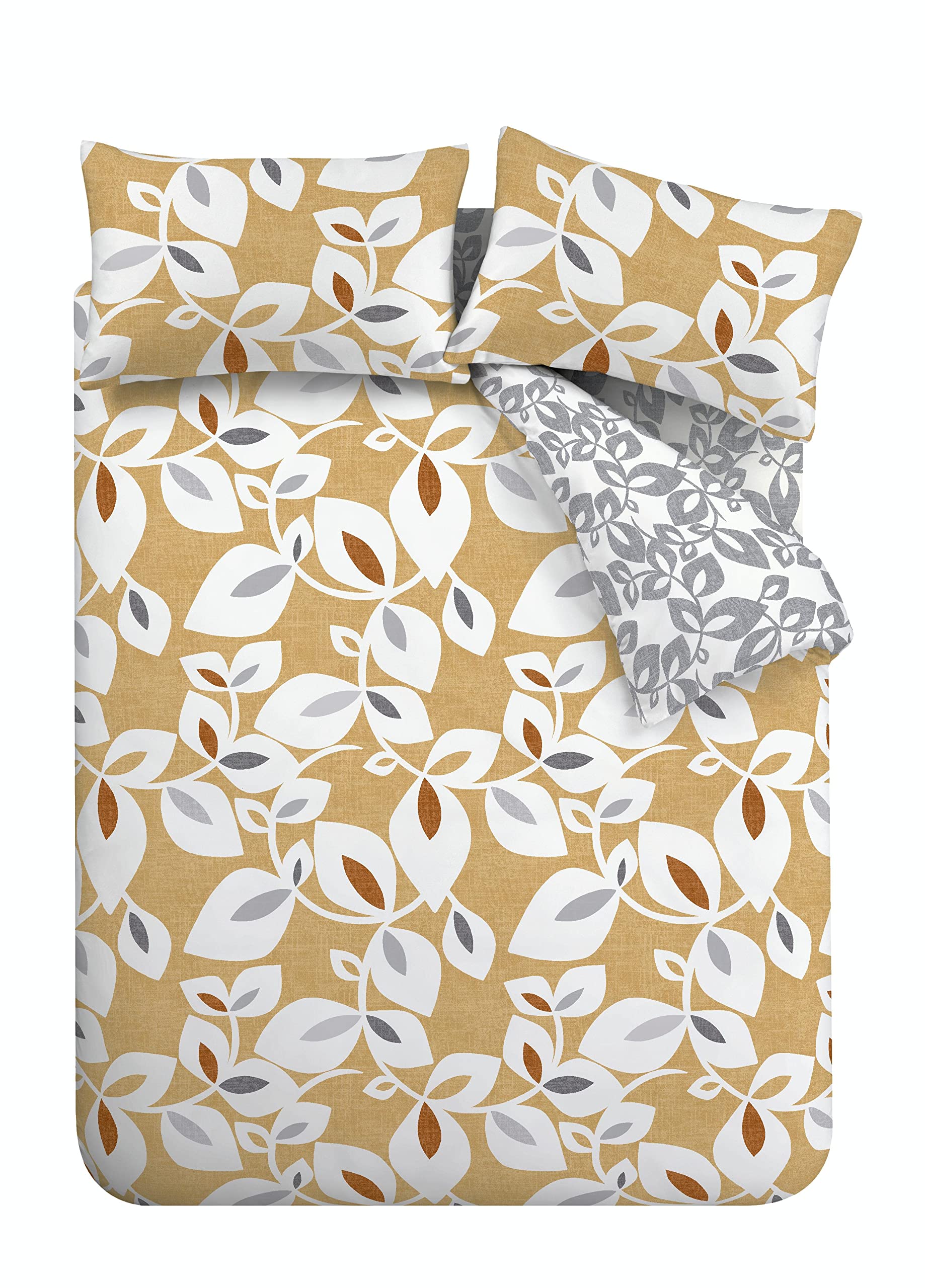 Catherine Lansfield Inga Leaf Gold Duvet Cover + Pillowcase for Bed 150 cm - 240 x 220 + 2 (50 x 85), Lemon Tree, 240 x 220 cm - Image 4