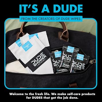 DUDE Wipes Fragrance Free On-The-Go Shower Wipes, Extra-Large and Thick Cleansing Body Wipes for Travel, 1 Pack (8 Count), Infused with Vitamin E and Aloe