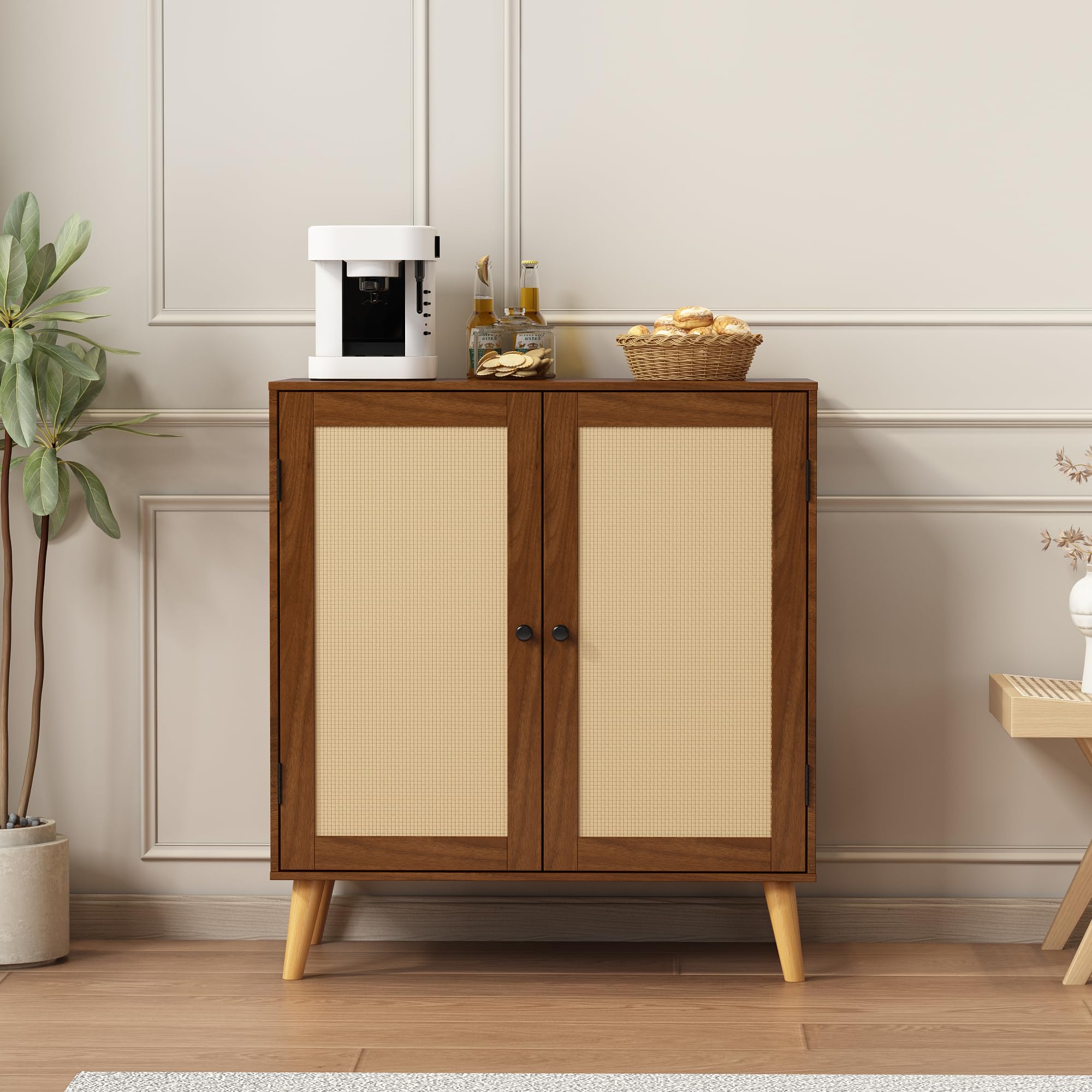 Photo 1 of [DAMAGED/MISSING PARTS] ComfortNest Sideboard Buffet Kitchen Storage Cabinet with Rattan Decorated Doors, Dining Room, Hallway, Cupboard Console Table, Liquor/Accent Cabinet, Three Colors Available (Walnut)