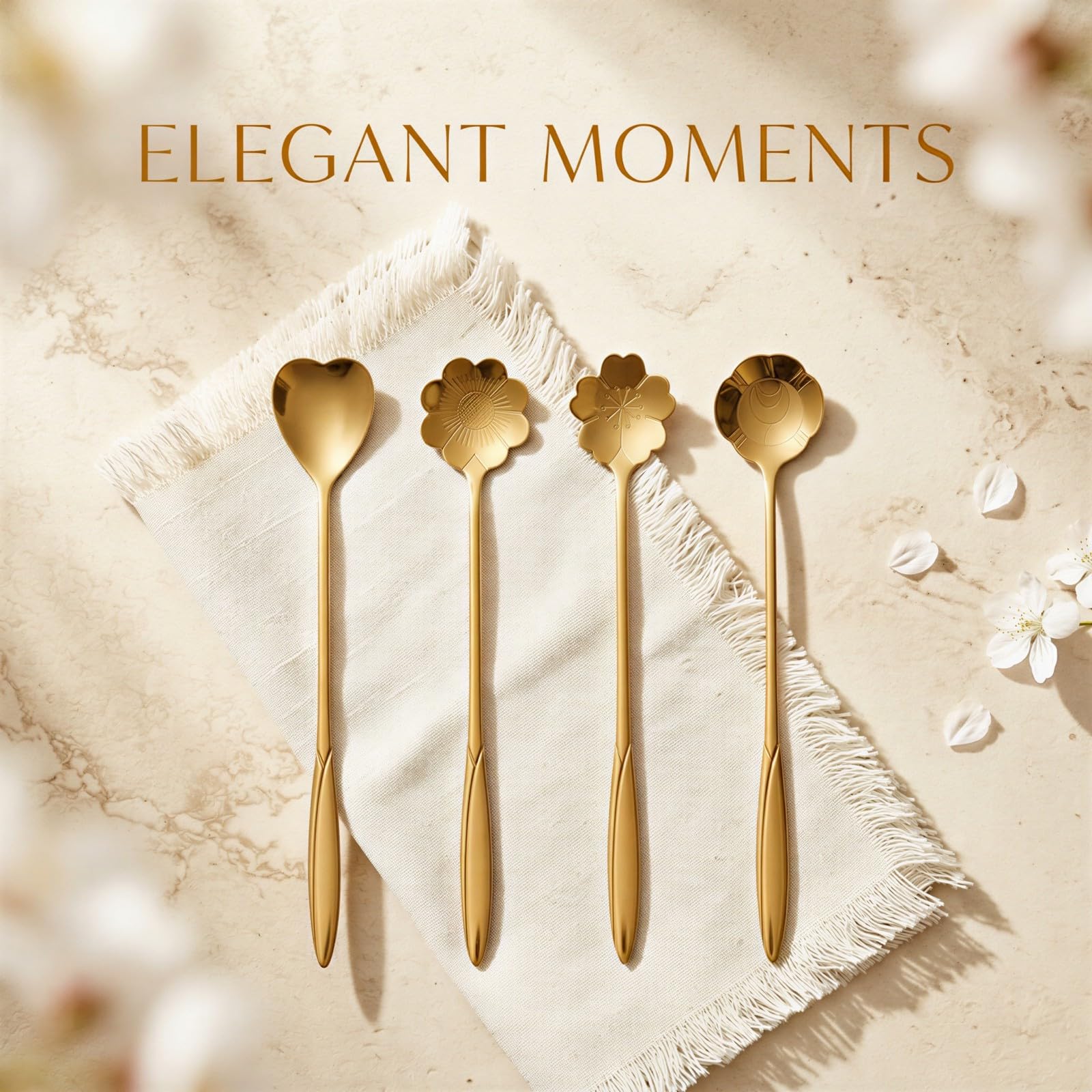 Lot de 80 cuillères à thé dorées de 17,5 cm, cuillères à café en acier inoxydable à long manche, motifs fleur et cœur, pour mélanger, dessert, café, restaurant, fête, 4 formes