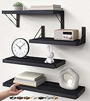 BAYKA Black Wood Floating Shelves Set of 4 - Wall Mounted Storage for Books Decor Kitchen Bathroom Easy Install 35lb Capacity