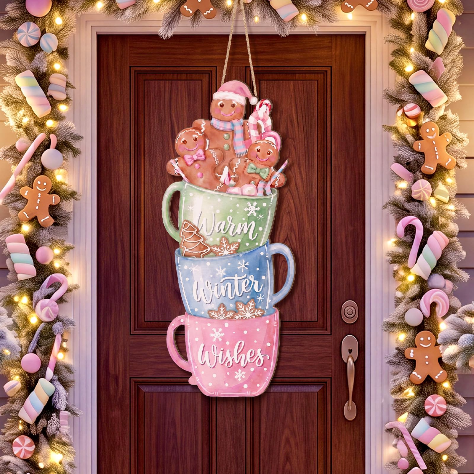 RattanView Large Christmas Gingerbread Door Hanger Pastel Welcome Sign