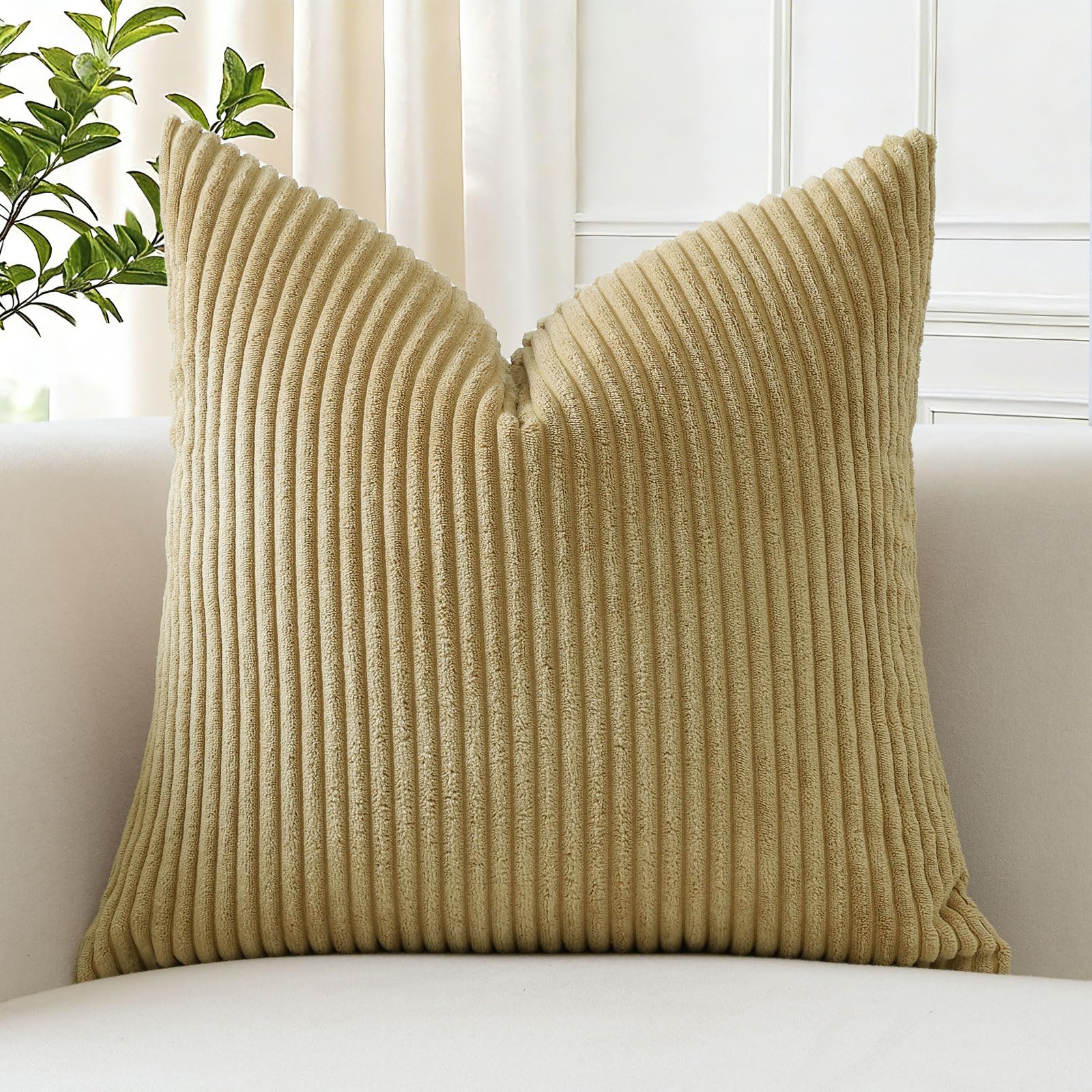 JOTOM Set of 1 Corduroy Cushion Covers 40x40 cm Soft Striped Boho Decorative Throw Pillow Covers Cushion Case Couch Pillowcases for Sofa Bedroom Home Decor 16x16 Inch (Khaki)