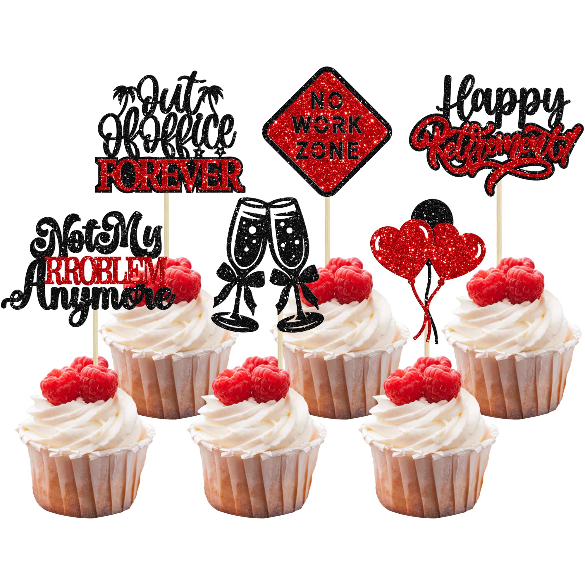 Gyufise 24Pcs Happy Retirement Cupcake Toppers Officially Retired Cupcake Picks Out of Office Forever Retirement Theme Cake Toppers Decorations for Farewell Party Supplies Red