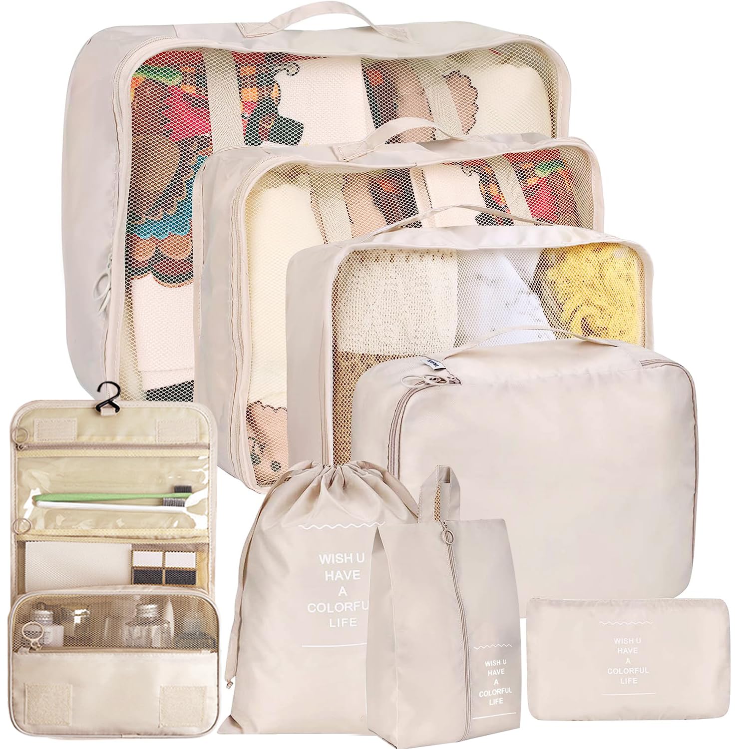 TiokkssTiokkss 8 Set Packing Cubes for Suitcases,Travel Essentials Bag Organizers for Carry on,Luggage Organizer Bags Set for Travel Accessories(Beige)