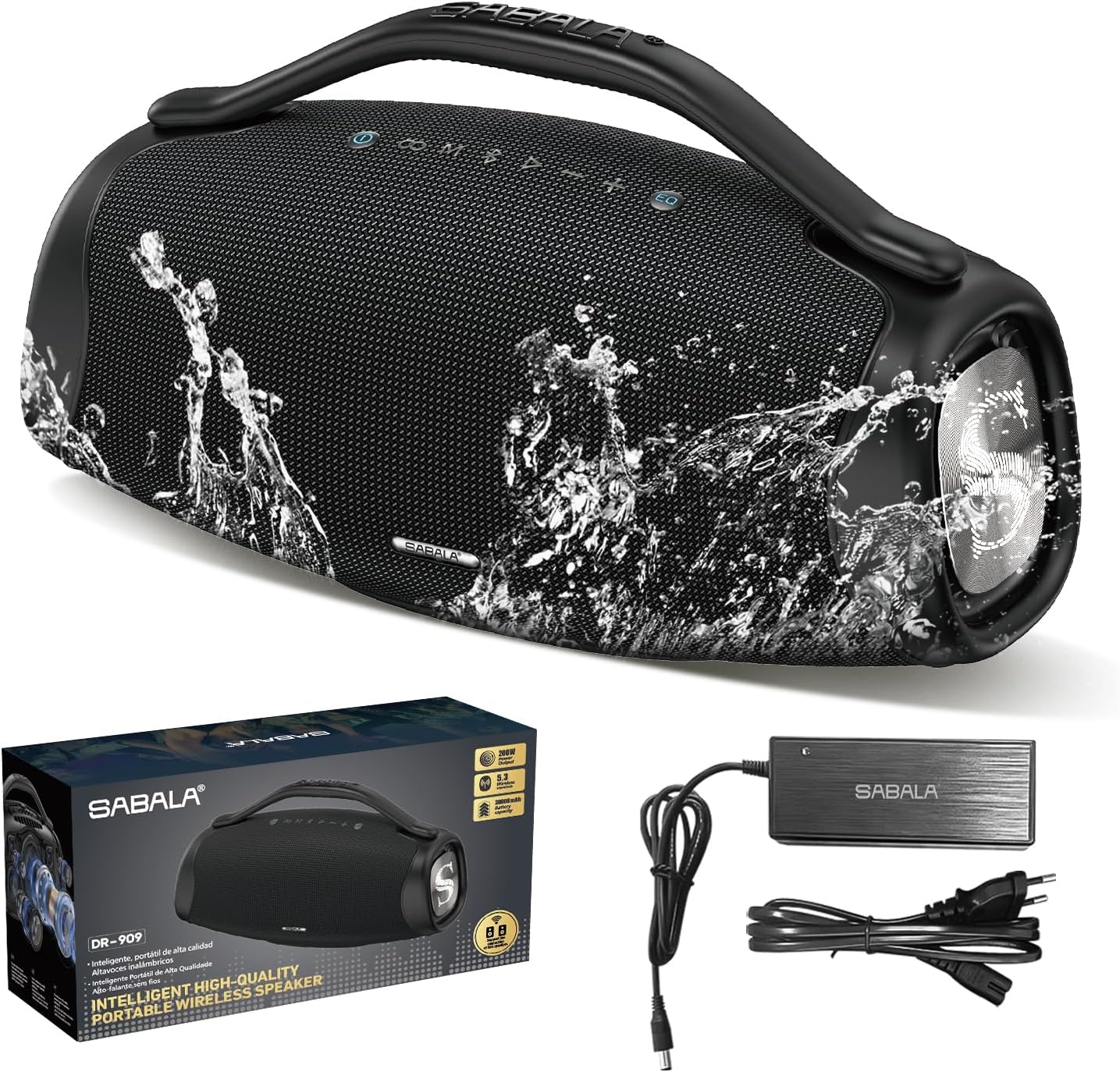 Caixa de Som Bluetooth SABALA DR-909 Boombox,39000mAh 36H Bluetooth 5.3, IPX6 TWS, Portátil USB Powerbank (Preto)