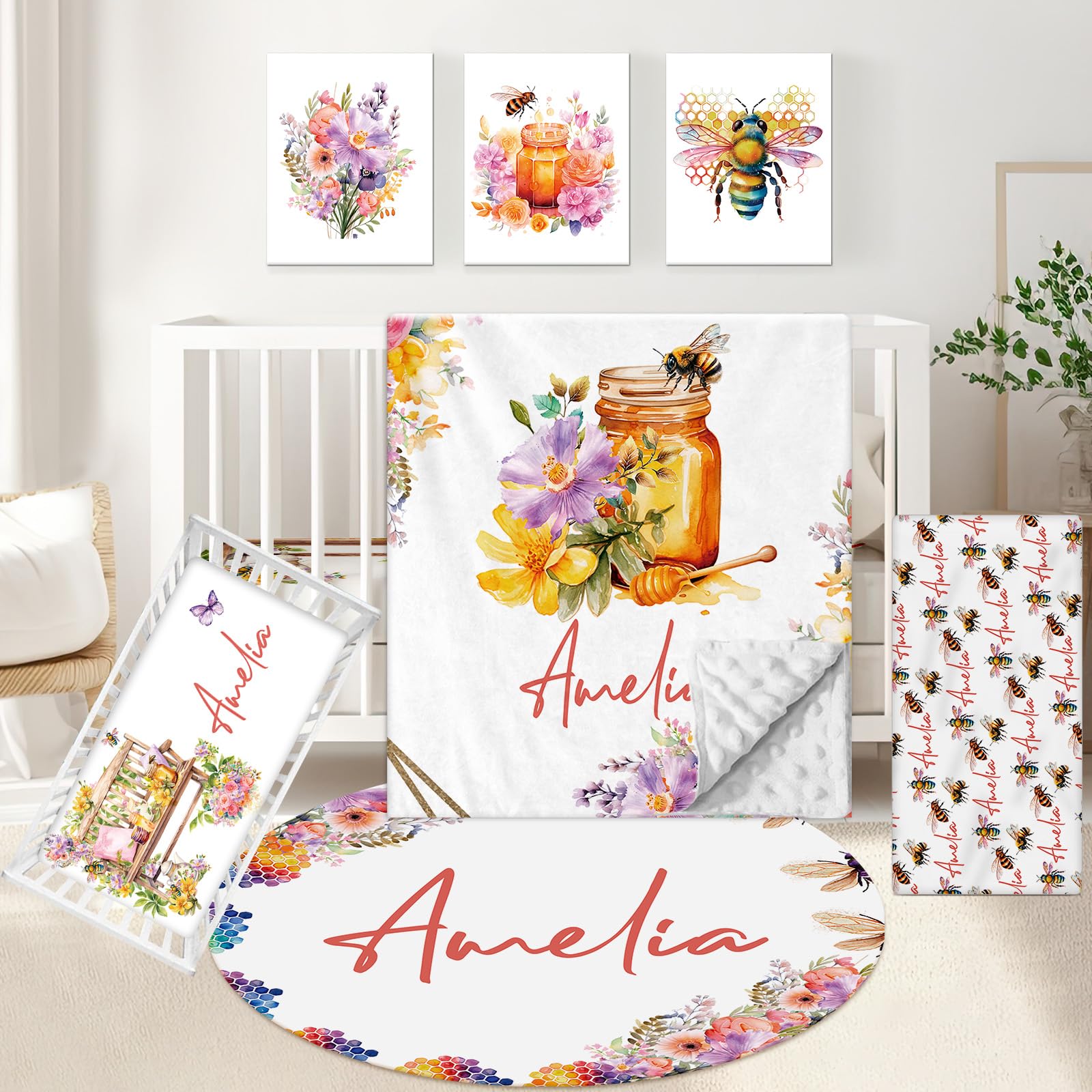 KAINSY Personalized Crib Bedding Set, 5 Pcs Custom Name Nursery Bedding Sets for Baby Girls Boys, Bee Patterns Baby Crib Bed Set, Double Layer Baby Blanket, Infants Toddlers Newborns Customized Gifts