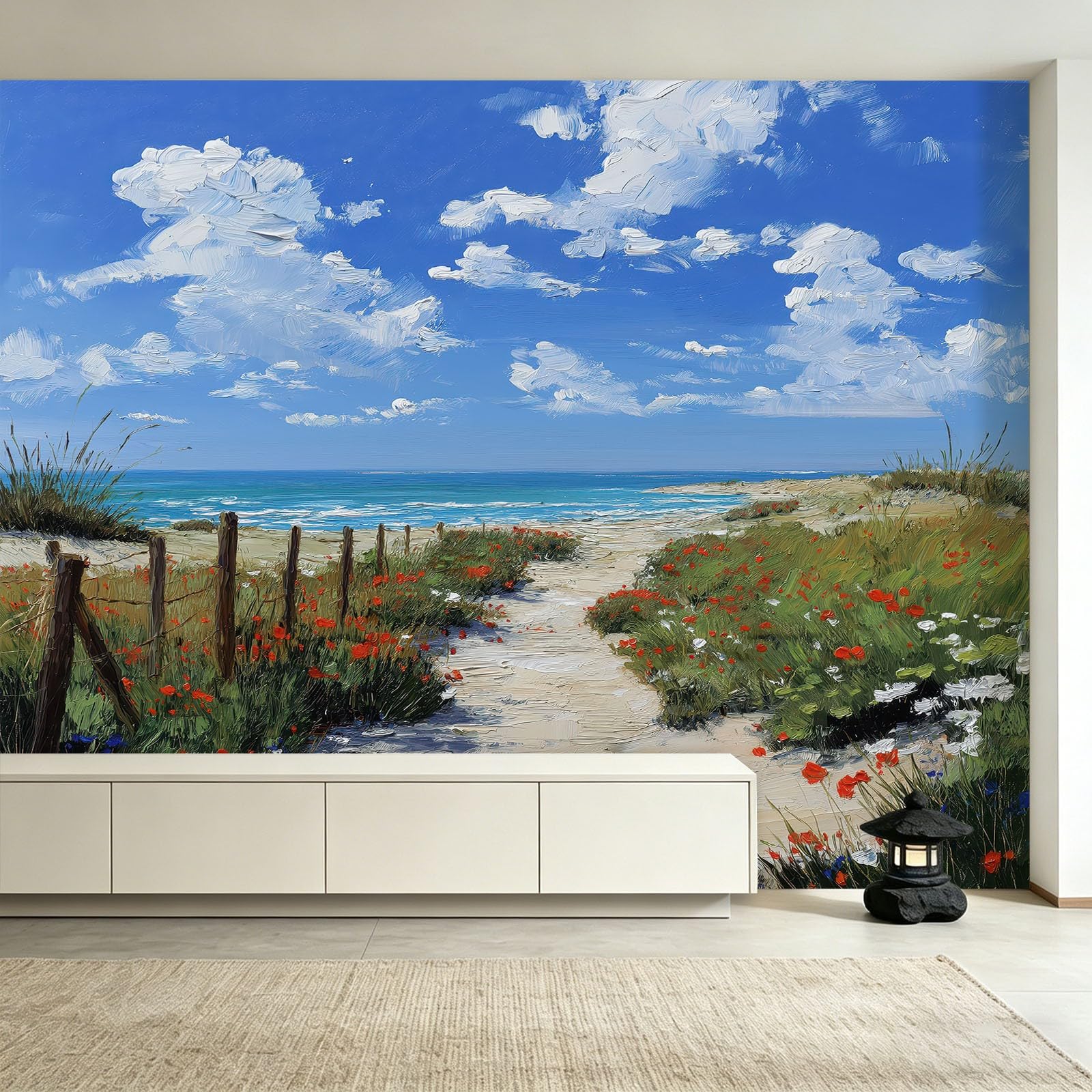 Panoramiczna tapeta z włókniny w stylu wiejskim wybrzeża, do sypialni i salonu, fototapeta malarstwo kwiaty rośliny łąka plaża niebo chmury dekoracja ścienna 200 x 140 cm