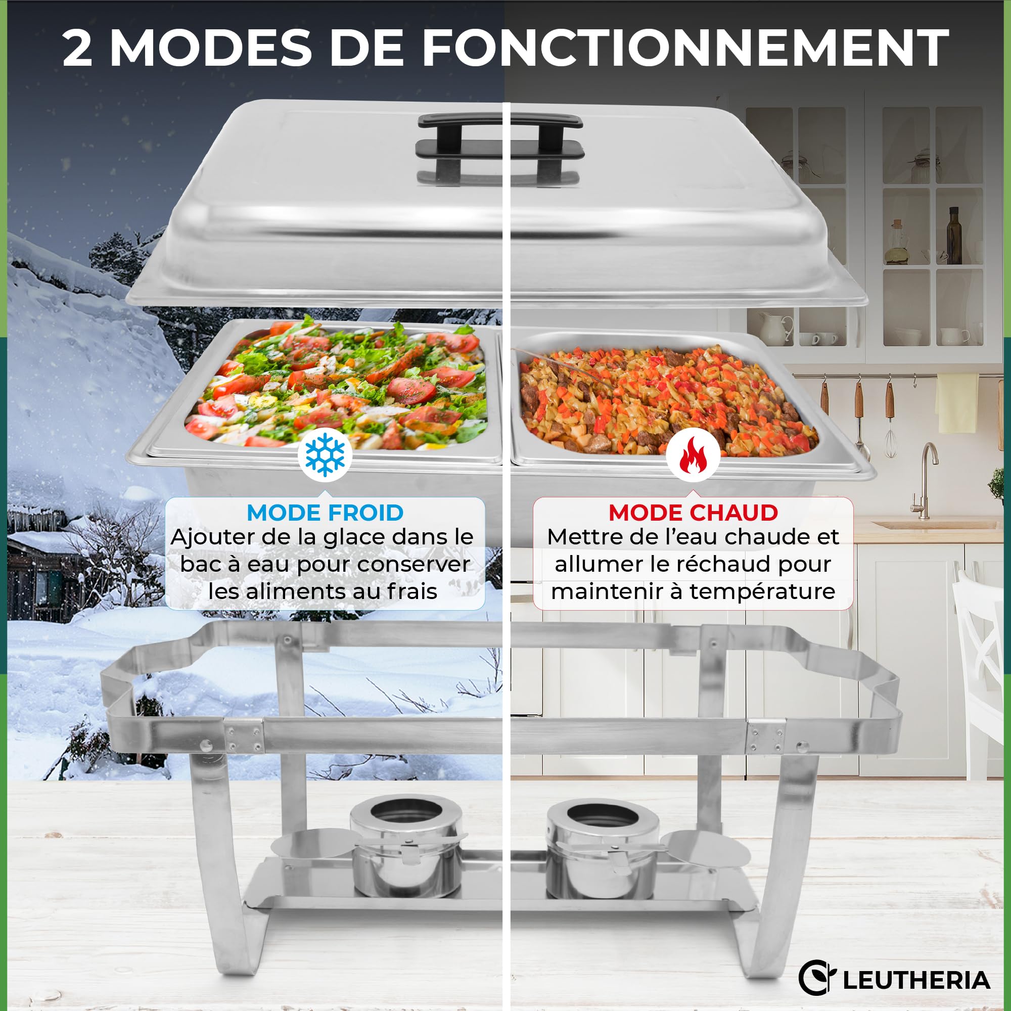 Lot de 4 Chauffe Plat LEUTHERIA - Chafing Dish ou rechaud en INOX Alimentaire pour Buffet/Bain Marie Professionnel/Maintien au Chaud/Traiteur/hôtel/Restaurant - Acier Inoxydable SS201
