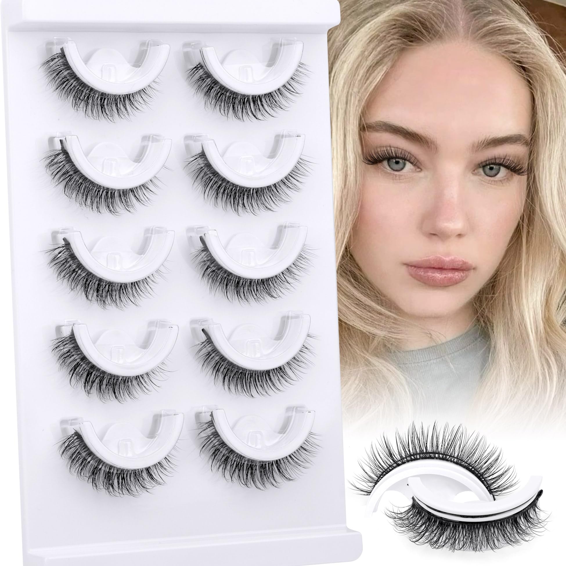 Natural Self Adhesive Eyelashes Cat Eye Lashes Natural Look Wispy Self Adhesive Lashes Clear Band Reusable 8-10MM Short Pre Glued Lashes No Glued Needed Natural Stick On Lashes 5 Pairs by Zegaine