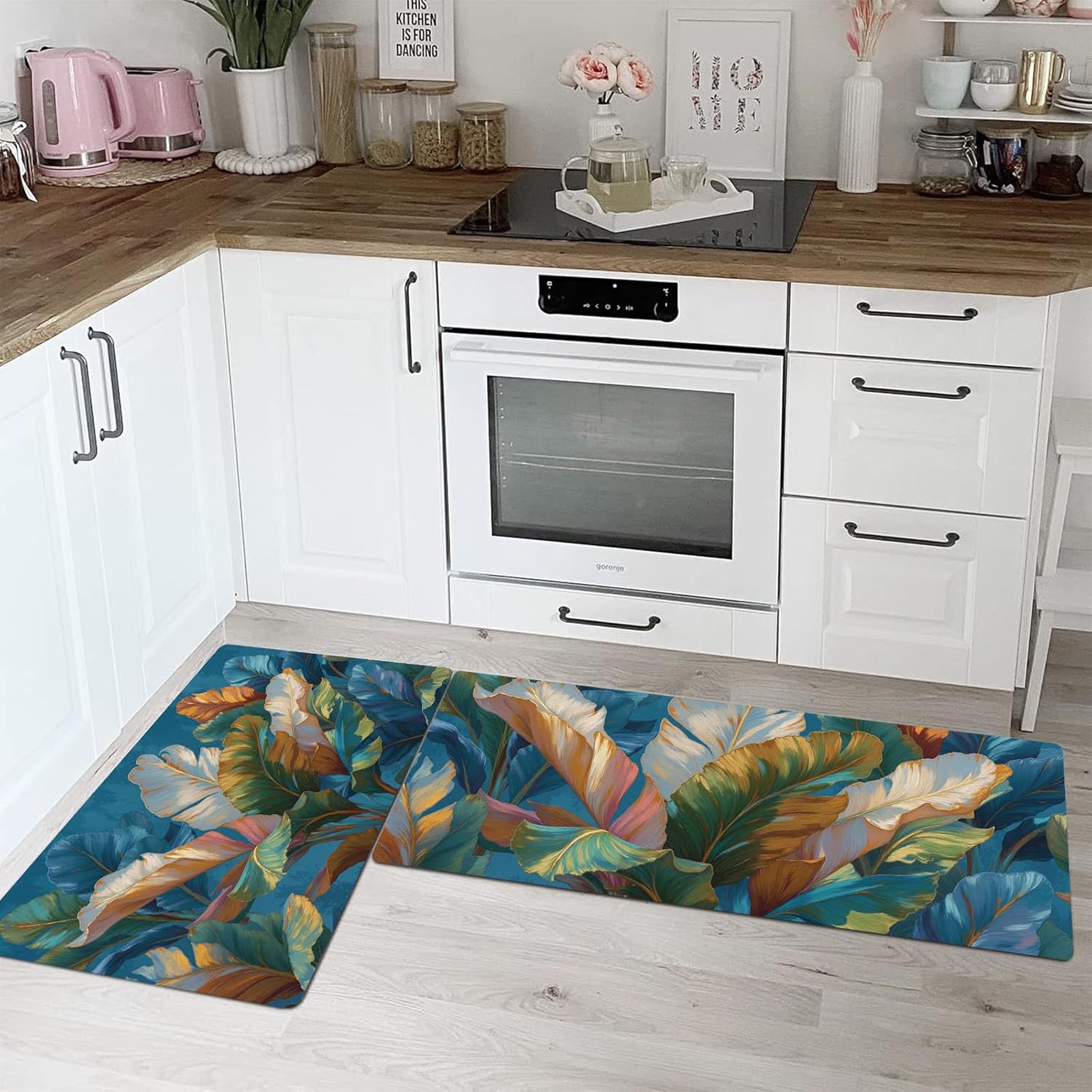 Tropical Style Kitchen Rugs Washable Lush Palm Leaves Kitchen Mats Floor Non-Slip Carpet Runner Absorbent Floor Mats with TPR Non Skid Backing,Set of 2(20"x59"+20"x32", Dark Blue)