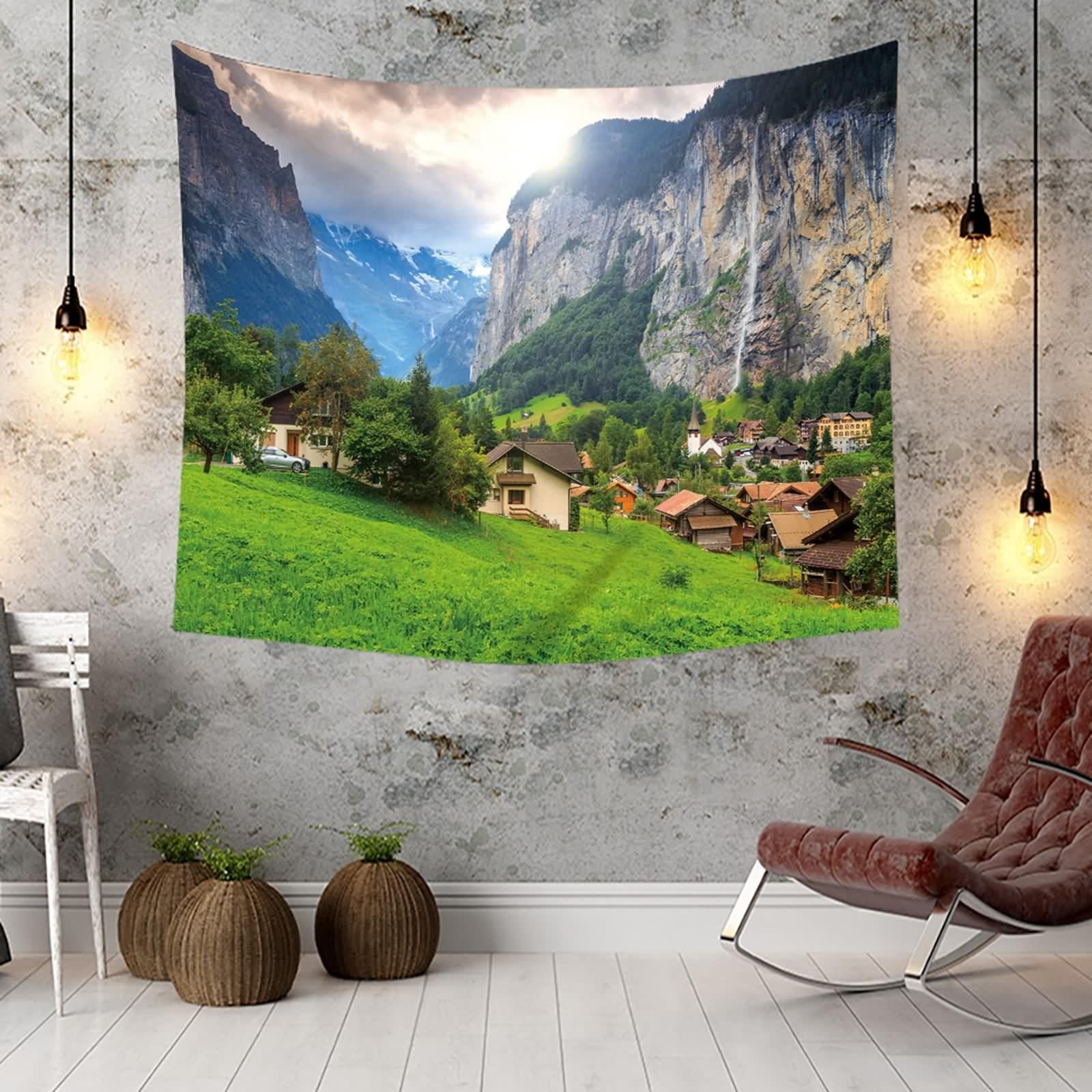 Tolldek Dywan ścienny zielony, 300 x 256 cm, naturalny krajobraz, ozdoba na ścianę, wioska, góra, gobelin, chusta ścienna z naturą, dekoracja domu