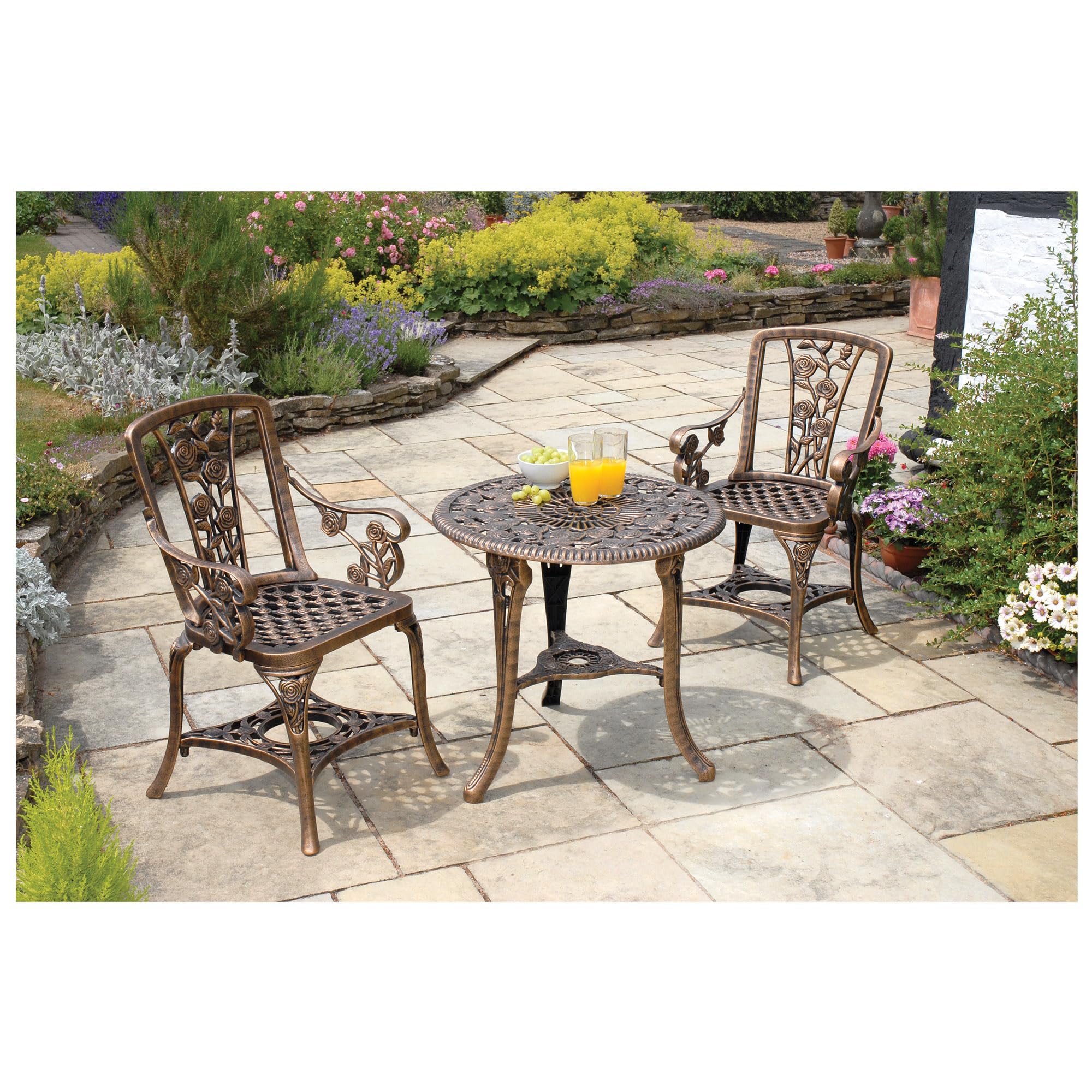 2 Seater Plastic Rose Design Patio Set with Round Bistro Table in Antique Bronze