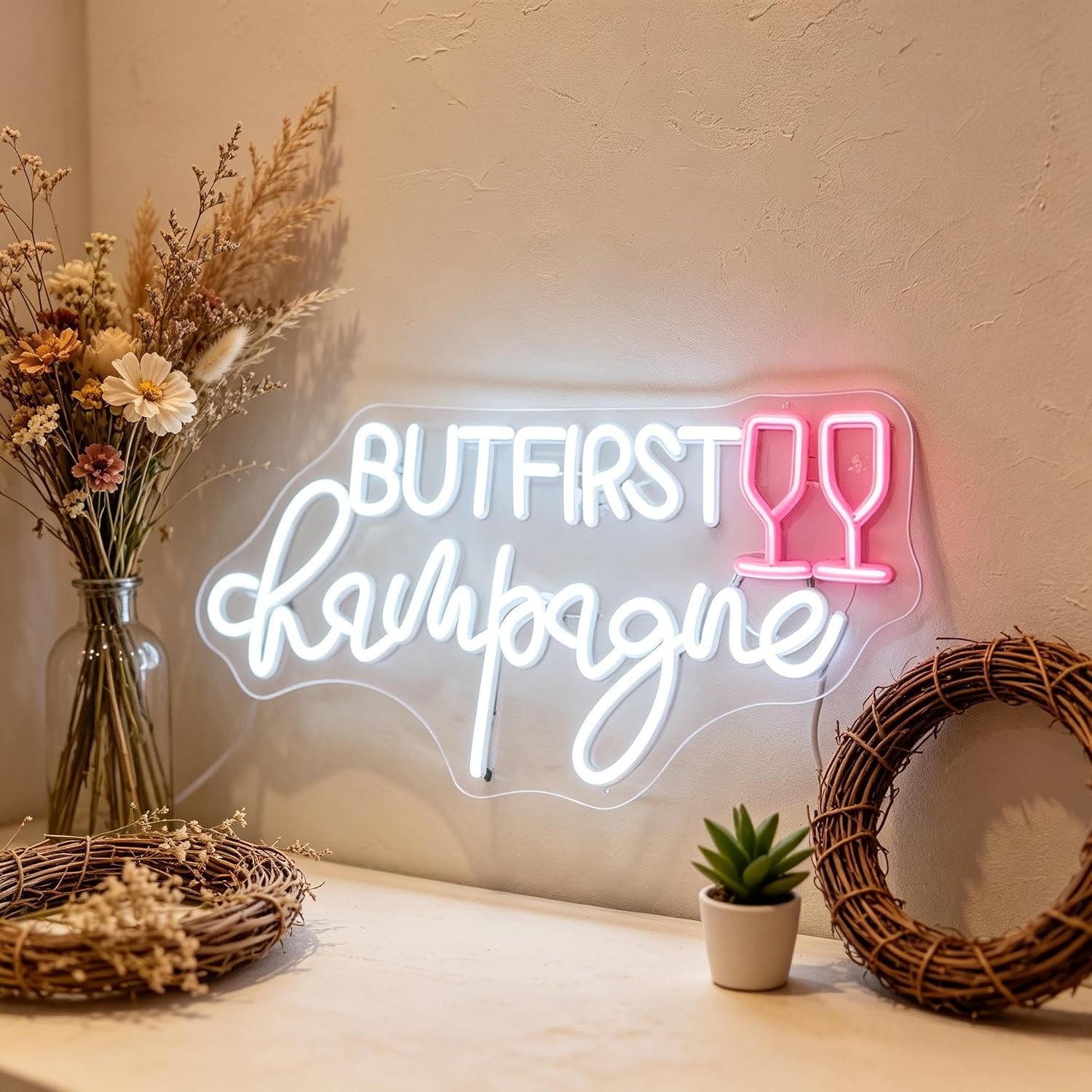 But First Champagne Neon Sign - USB Powered Dimmable Decorative Neon Light for Party Bar Pub Living Room Bedroom Wall Table Decor, White and Pink LED Decorative Neon Light