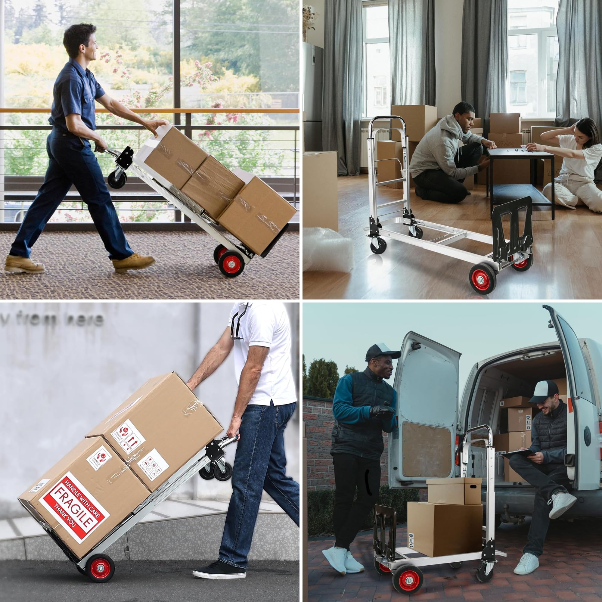 Carretilla de Mano de Aluminio 2 en 1, Carrito Plegable con 4 Ruedas, Convertible en Plataforma o Carro de Mano, Capacidad de 150 kg, Carro para Transporte en Almacen, Jardín, Hogar, Mudanzas