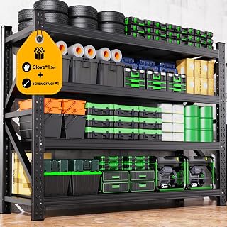79"W Garage Shelving Heavy Duty Shelves, 4-Tier Garage Storage Shelves, Adjustable Metal Shelving, Easy Assembly Garage Storage Rack Shelf, Shelves for Garage Storage, Warehouse, Basement, Black
