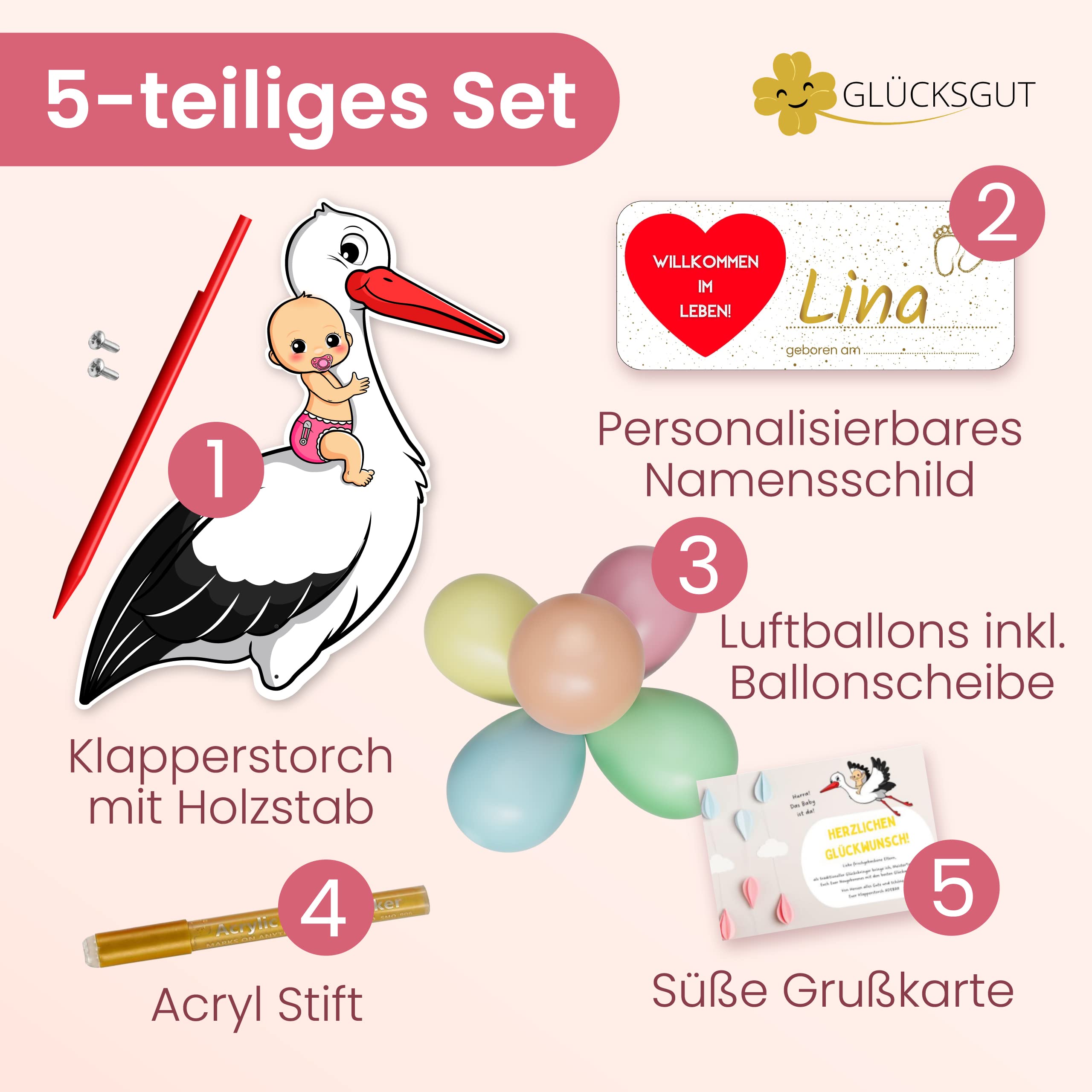 GLÜCKSGUT® Klapperstorch Baby Rosa, 100 cm | 5-teiliges Set | Geburtsstorch inkl. Holzstab + Namensschild + Grußkarte + Stift | Storch Geburt für Draussen & Drinnen | Geburtsgeschenk