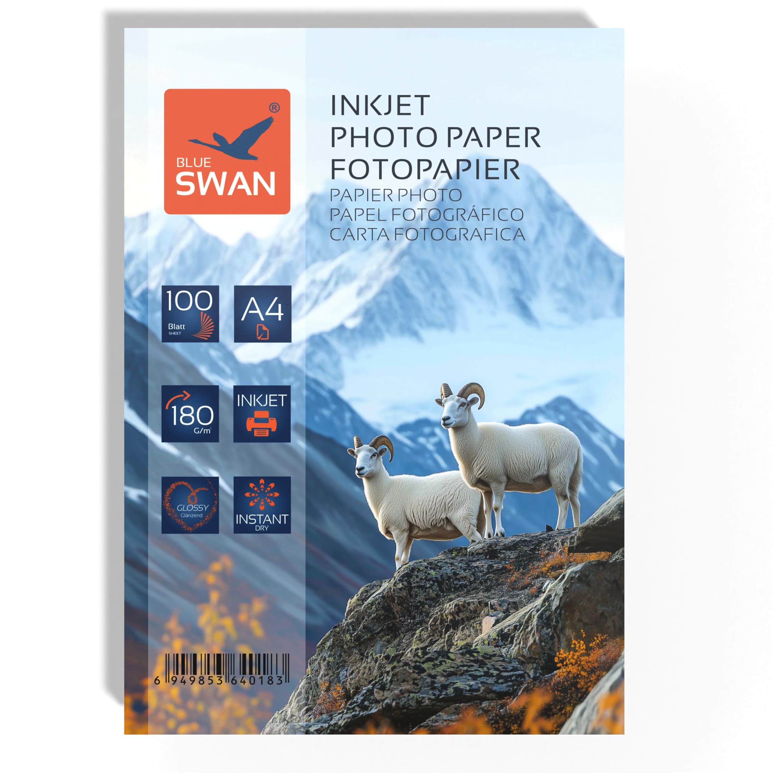 BLUE SWAN Carta Fotografica Lucida A4, 180 g/m², 100 Fogli – Bianco ad Alta Lucentezza, Asciugatura Rapida, Resistente all’Acqua e ai Graffi, Compatibile con Stampanti Inkjet
