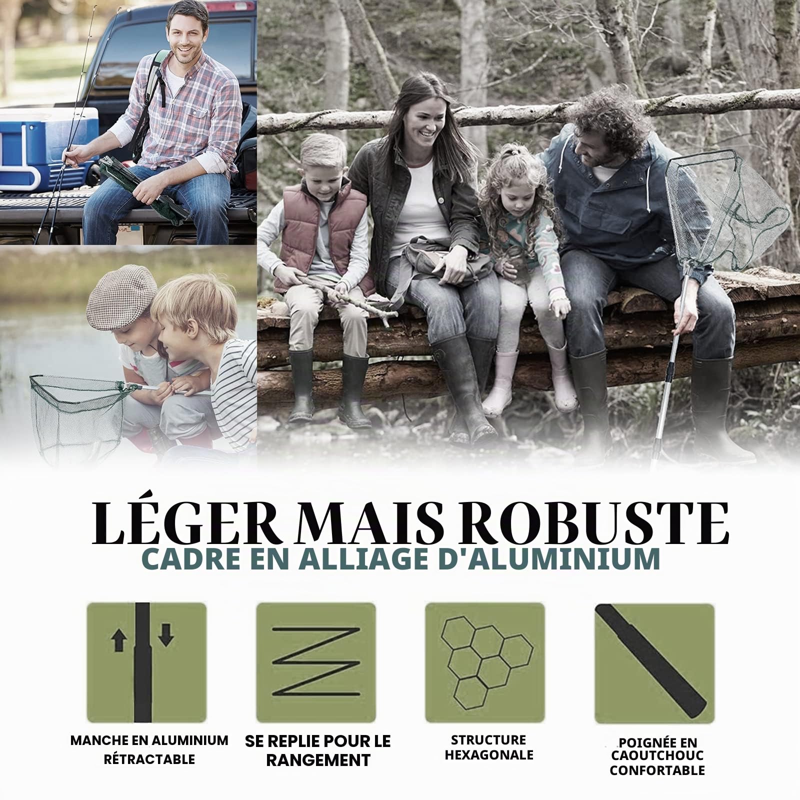 KK'S GLAMS® Épuisette de pêche télescopique – Pliable, extensible, poignée en alliage d'aluminium de 1,5 m, légère et portable pour attraper les oiseaux et les poissons