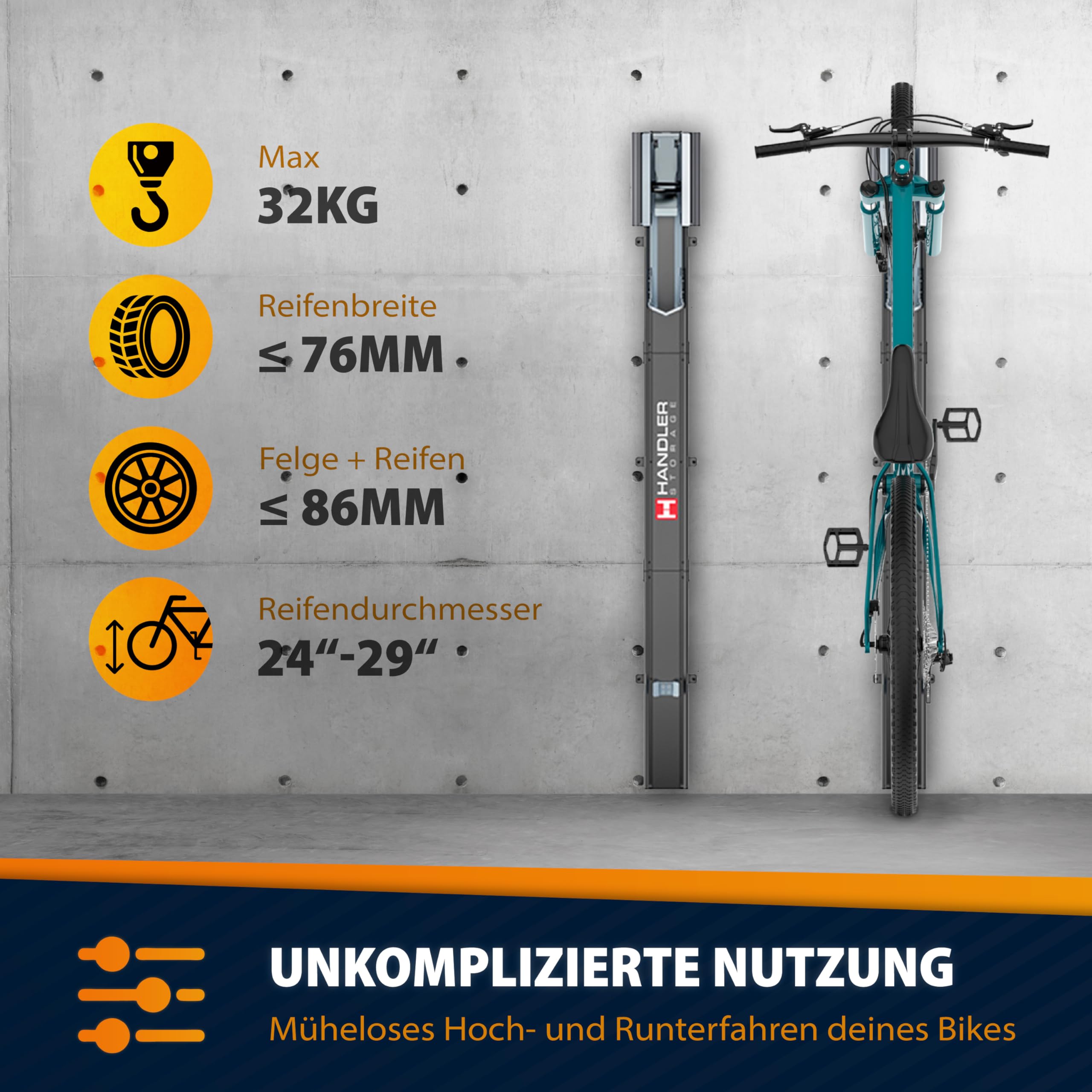 Handler Storage Fahrradlift | vertikale Fahrradwandhalterung | bis 32 kg