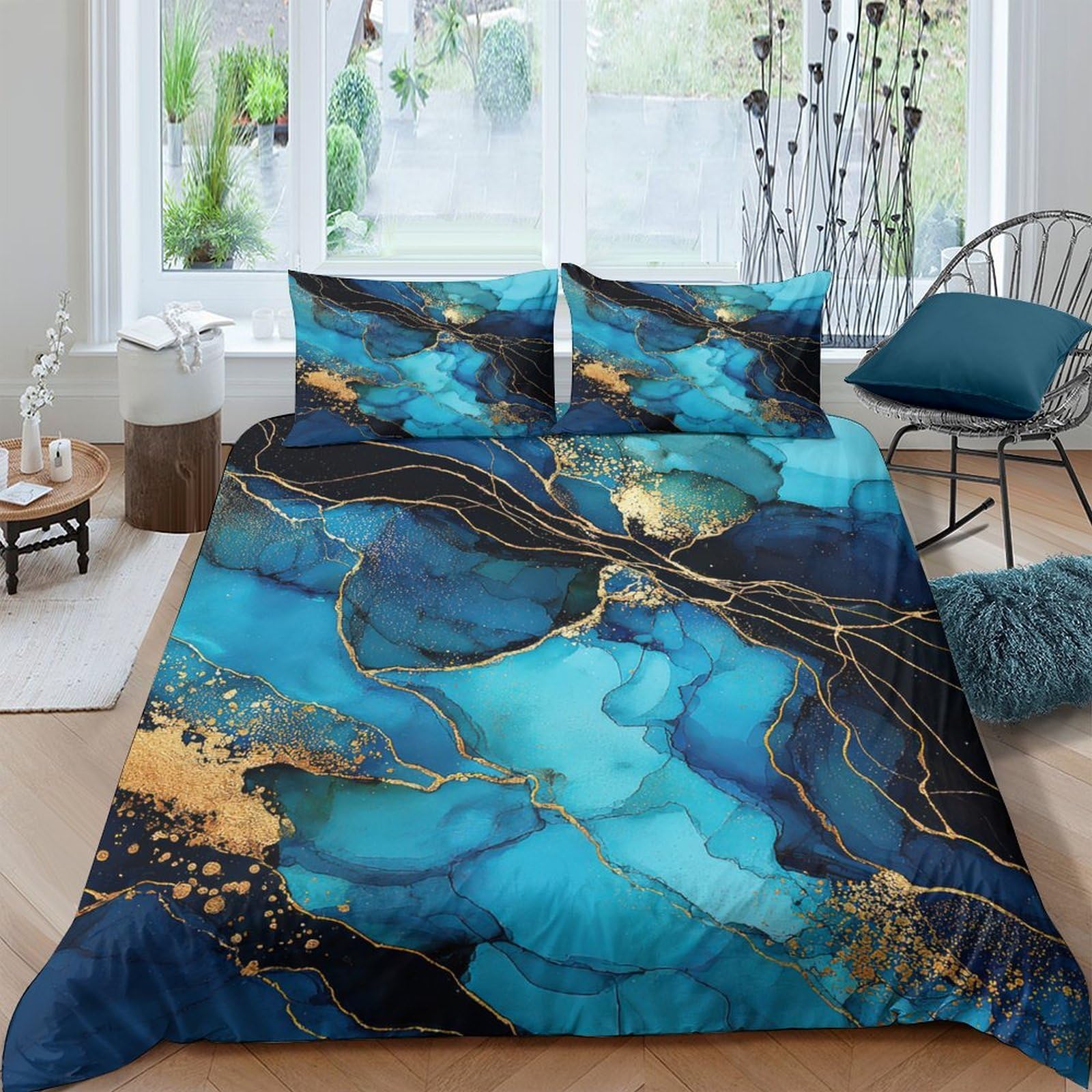Ctjqhvkz Style-7 3D Printed Blue Marble Fitted Sheet Microfiber Soft Breathable Gold Vein Mattress Cover For Bedroom Dorm Decor Single（135X200cm）