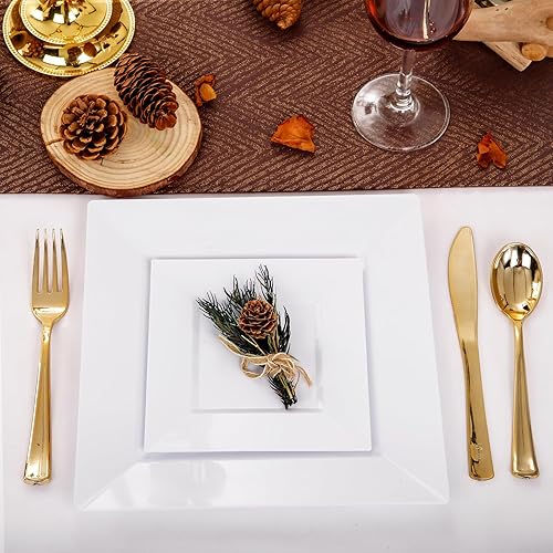 Miniatura 2 de Liacere 100 platos de plástico cuadrados blancos y 200 cubiertos de plástico dorados para fiestas
