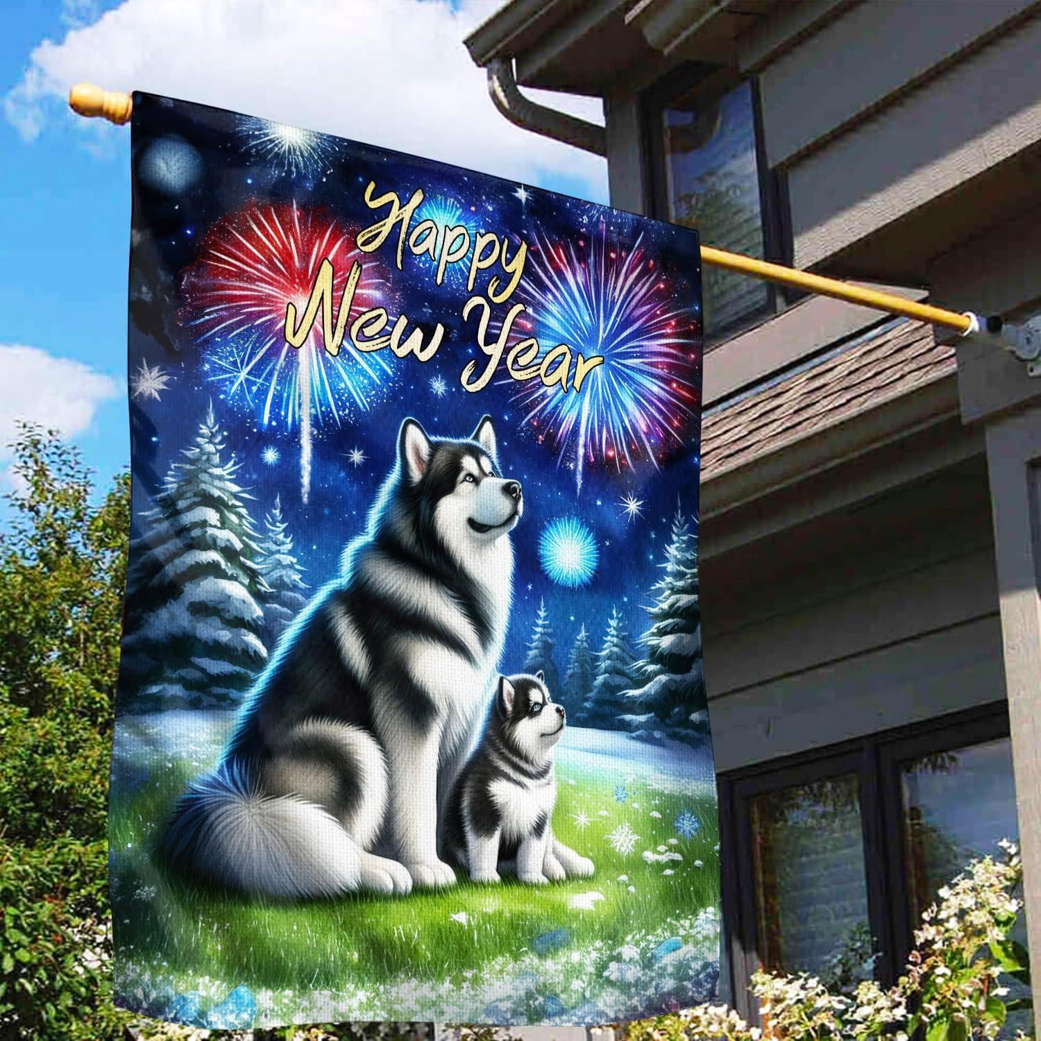 Happy New Year Alaskan Malamute Family Cheer Winter Midnight Firework House Flag 28x40in Double Sided Alaska Mal Dog Lovers Gifts Outdoor Decor - 025