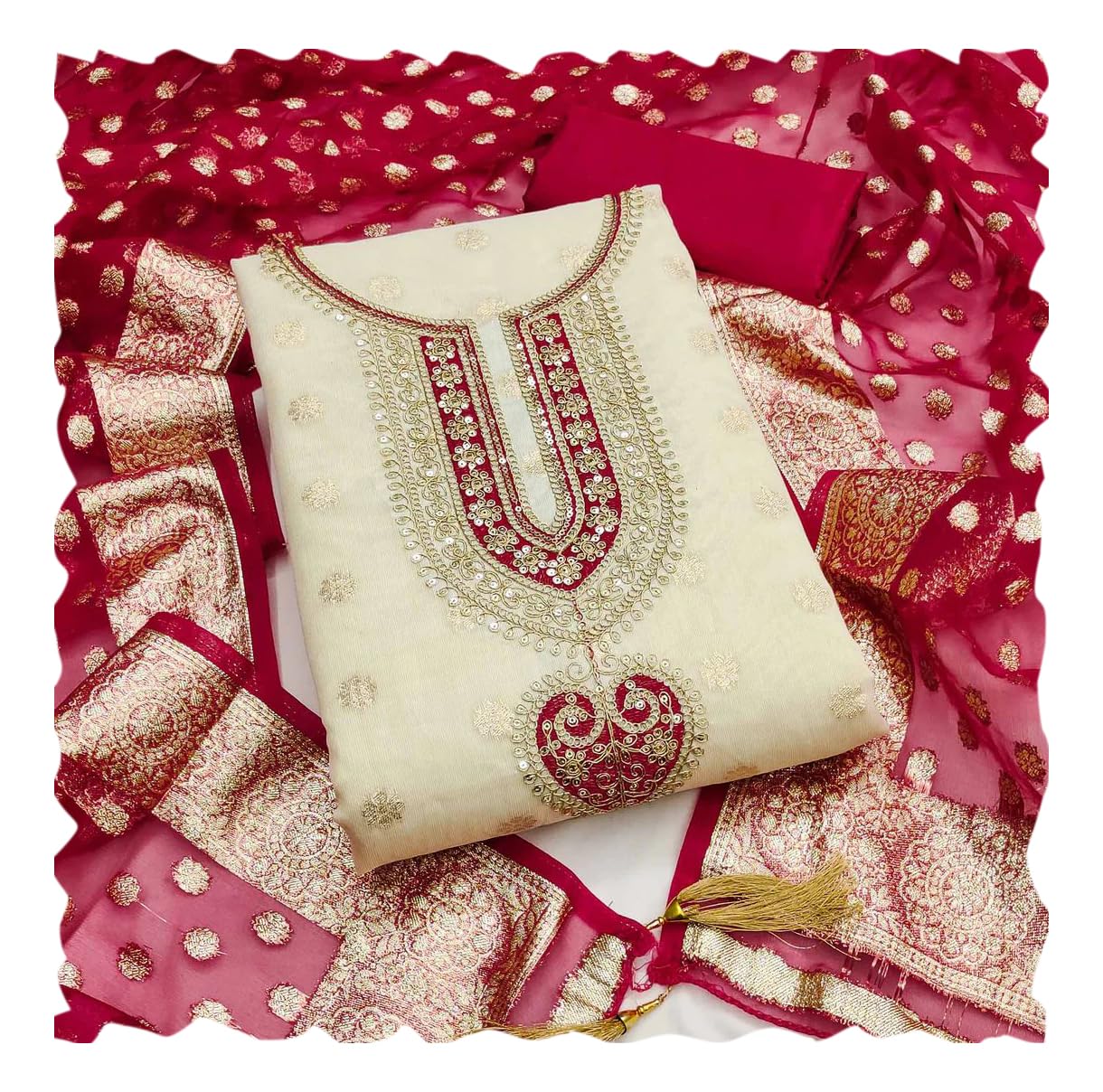 Womens Shimmer Butti Neck Work Unstitched Dress Material with Heavy Jacquard Dupatta Ethnic Salwar Kameez Ethnic Set-image-23