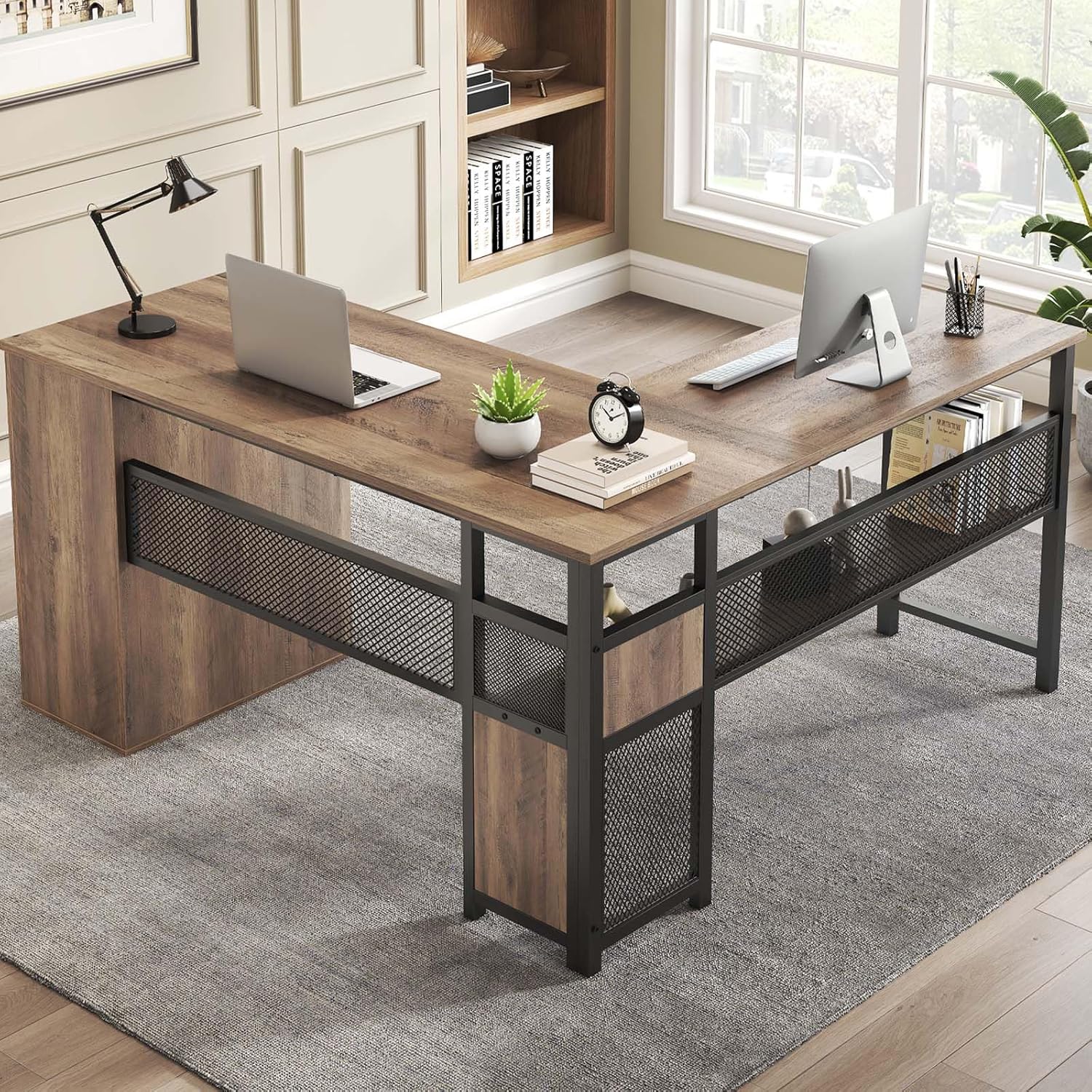 LVB Reversible Gray L Shaped Corner Desk, Farmhouse Wood Computer Desk with File Drawers Cabinets, Large Work Study Executive Home Office Desk with Storage Shelves for Bedroom, Light Grey Oak, 59 Inch