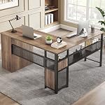 LVB Reversible Gray L Shaped Corner Desk, Farmhouse Wood Computer Desk with File Drawers Cabinets, Large Work Study Executive Home Office Desk with Storage Shelves for Bedroom, Light Grey Oak, 59 Inch | 59" Adjustable Modern Executive Office Desks, C