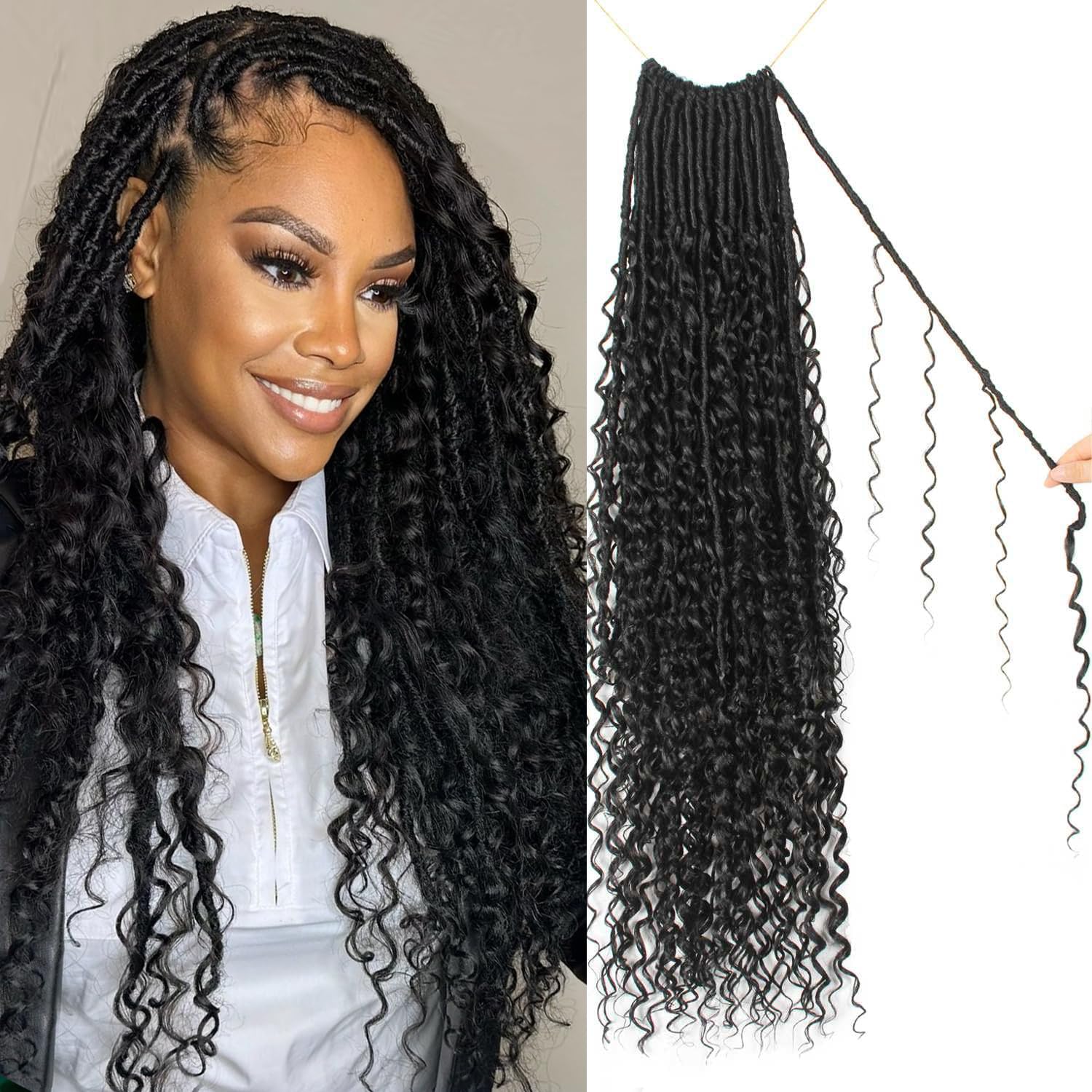 Goddess Locs Crochet Hair 24 Inch Faux Locs Crochet Pre-looped Boho Faux Loc with Curly Ends 8 Packs Long Bohemian River Loc Crochet Hair for Black Women(24Inch,T27)