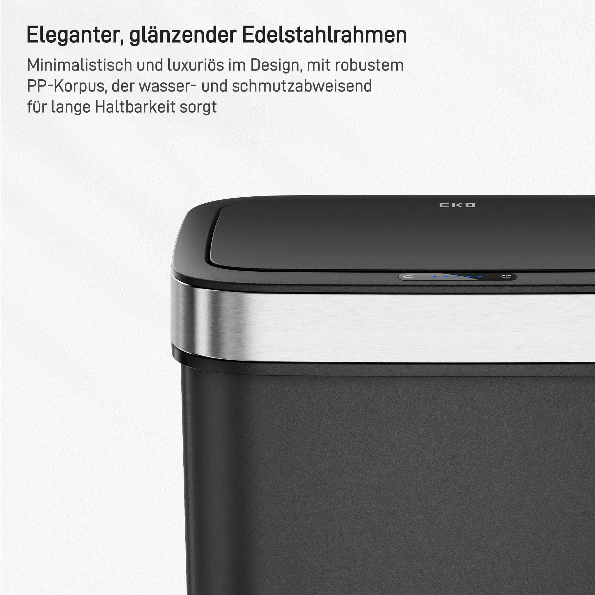 EKO Hana Deluxe 50L Mülleimer mit Sensor, Automatischer Mülleimer Küche, rechteckiger Bewegungssensor Abfalleimer, Soft Closing Deckel, fingerabdruckfrei, elektrischer Mülleimer, Schwarz, Kunststoff