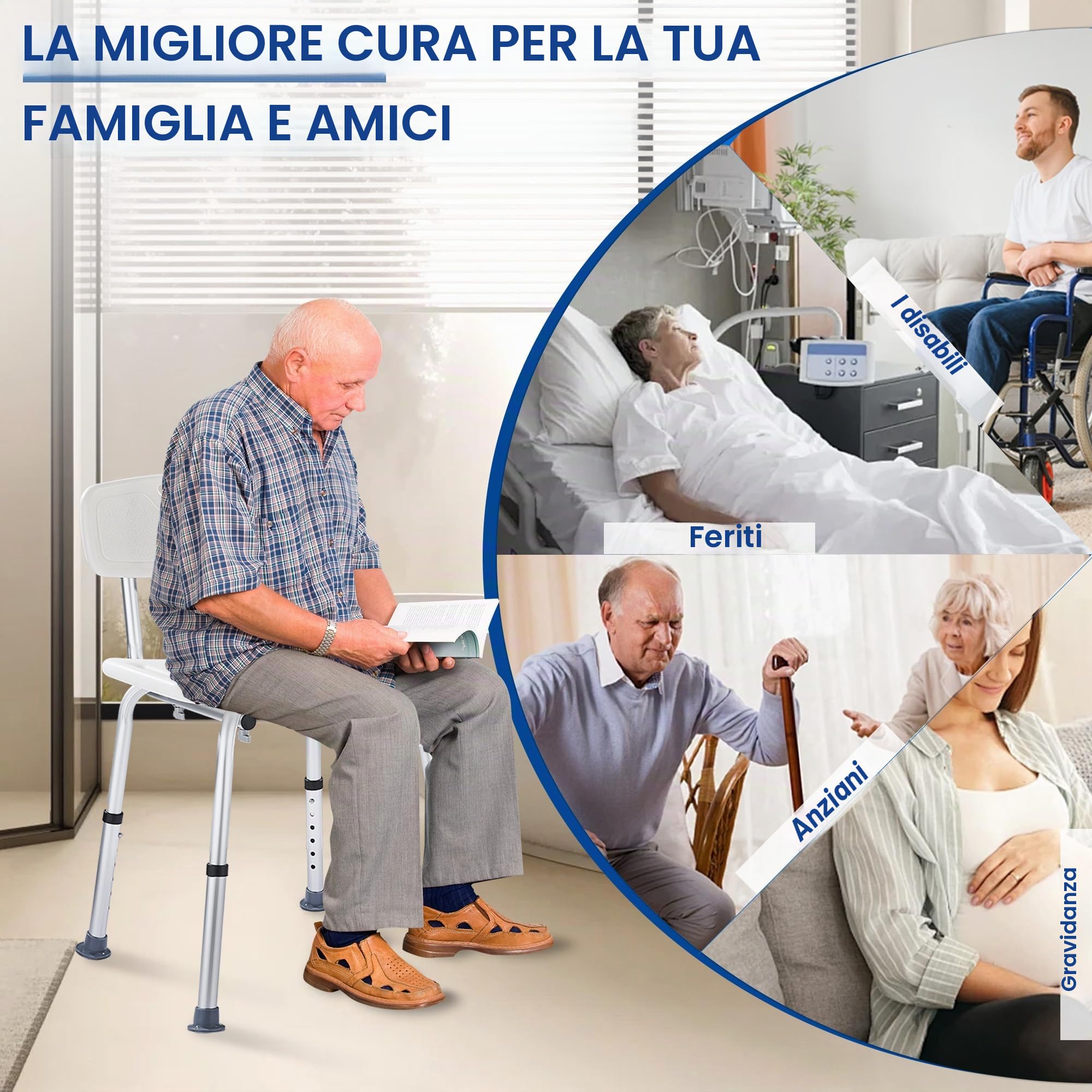 Sedia per Doccia con Schienale Rimovibile Altezza Regolabile, Sgabello Doccia Forma a U Antiscivolo per Anziani Disabili Sedile Sgabello da Bagno in Alluminio portata fino a 150 kg