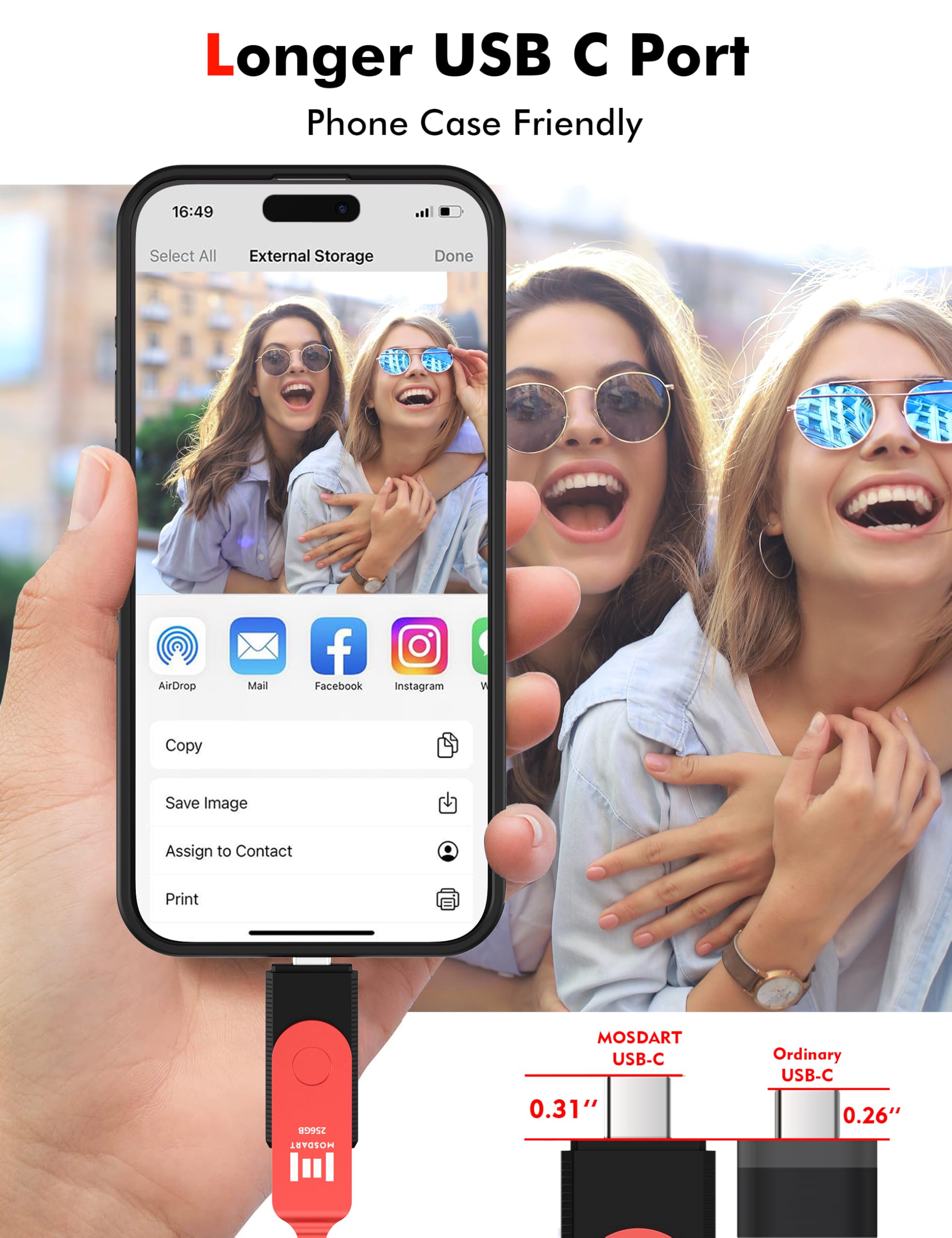 MOSDART ExFAT - Memoria USB 3.1 de 256 GB de velocidad rápida C y una unidad flash dual, con llavero e indicador LED, para iPhone 15 y 16, teléfono Android, iPad, MacBook y otros portátiles, color