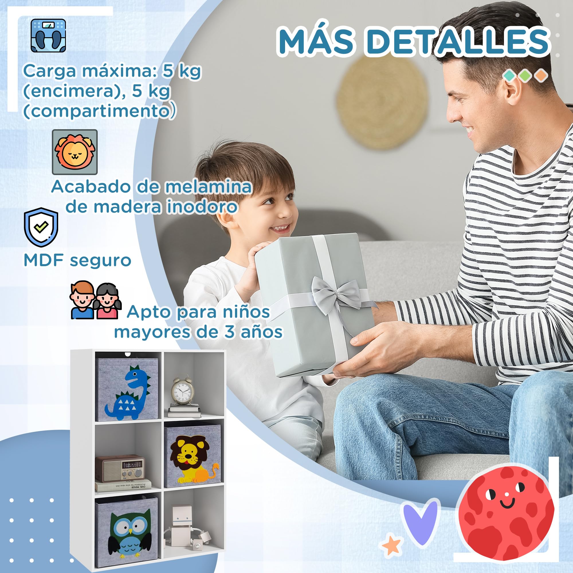 ZONEKIZ Scaffale Portagiochi per Bambini 3+ Anni a 6 Cubi in Tessuto non Tessuto, Mobiletto Portagiochi in MDF e Melamina, 61.8x29.9x91.5 cm, Grigio e Bianco