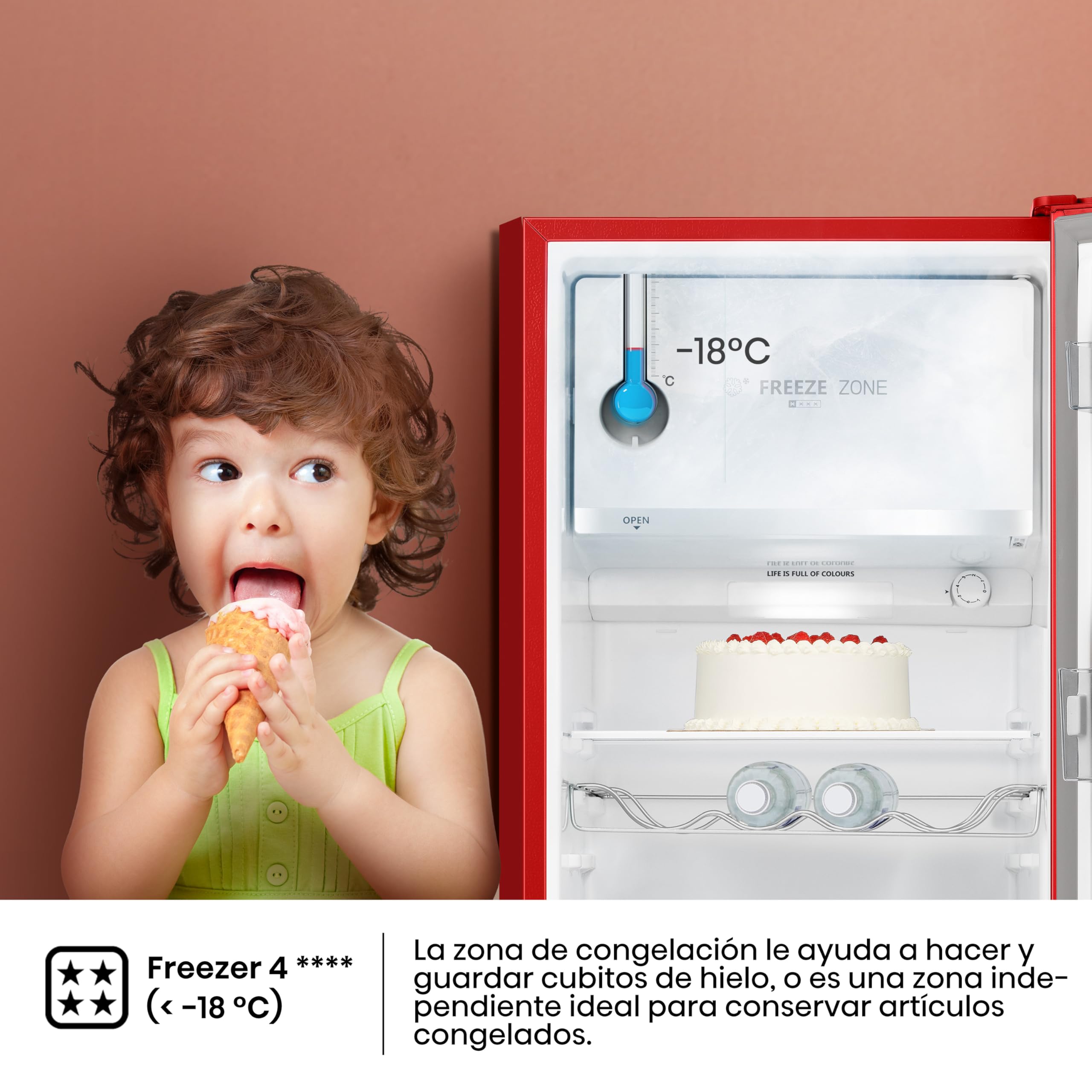 Hisense RR220D4BRE - Frigorífico Una Puerta, Congelador Freeze Zone, 165 L de capacidad, 128 cm alto, Class E, Botellero, Cycle Defrost (Cíclico), Cajón Frutas Y Verduras, Color Rojo