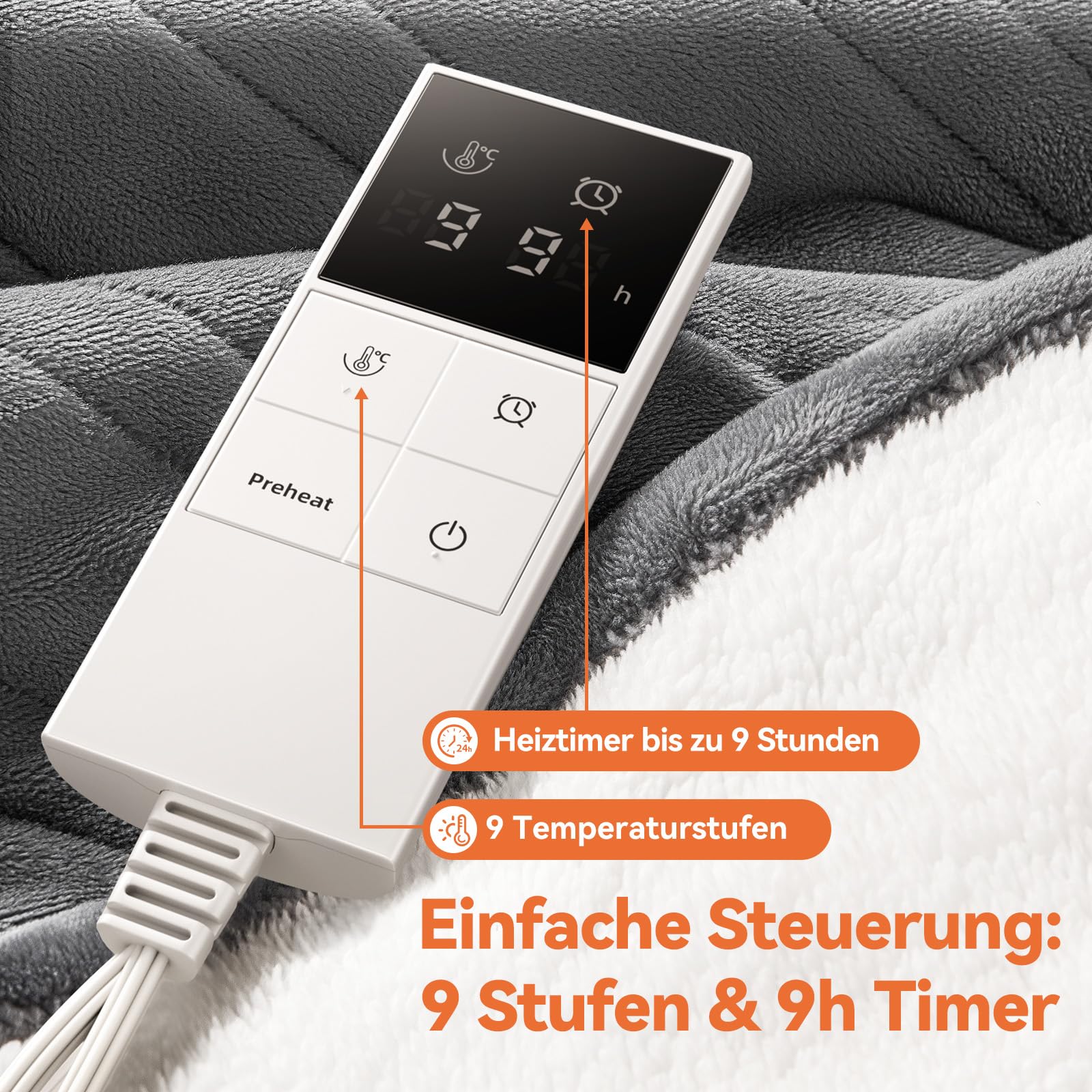 Heizdecke mit Abschaltautomatik & 9-Fach Wärmezonen 160x120 cm, 1-9h Timer mit Memory-Funktion, Schnellwärme & Gleichmäßige Wärme, Doppelseitig Flanell & Schaffell wärmedecke elektrisch