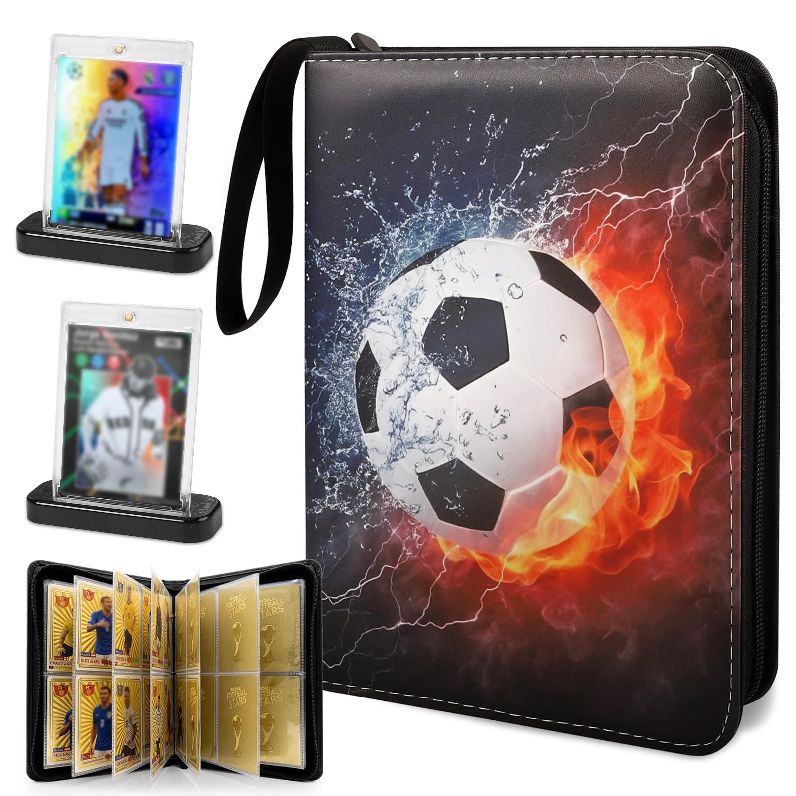 LHOEST Football Card Binder Trading 4 Pocket PU Football Card Holder Album with 50 Pages 400 Pockets Waterproof Card Collection Folder with Handle Magnetic Plastic Cards Display Stand Double Sided