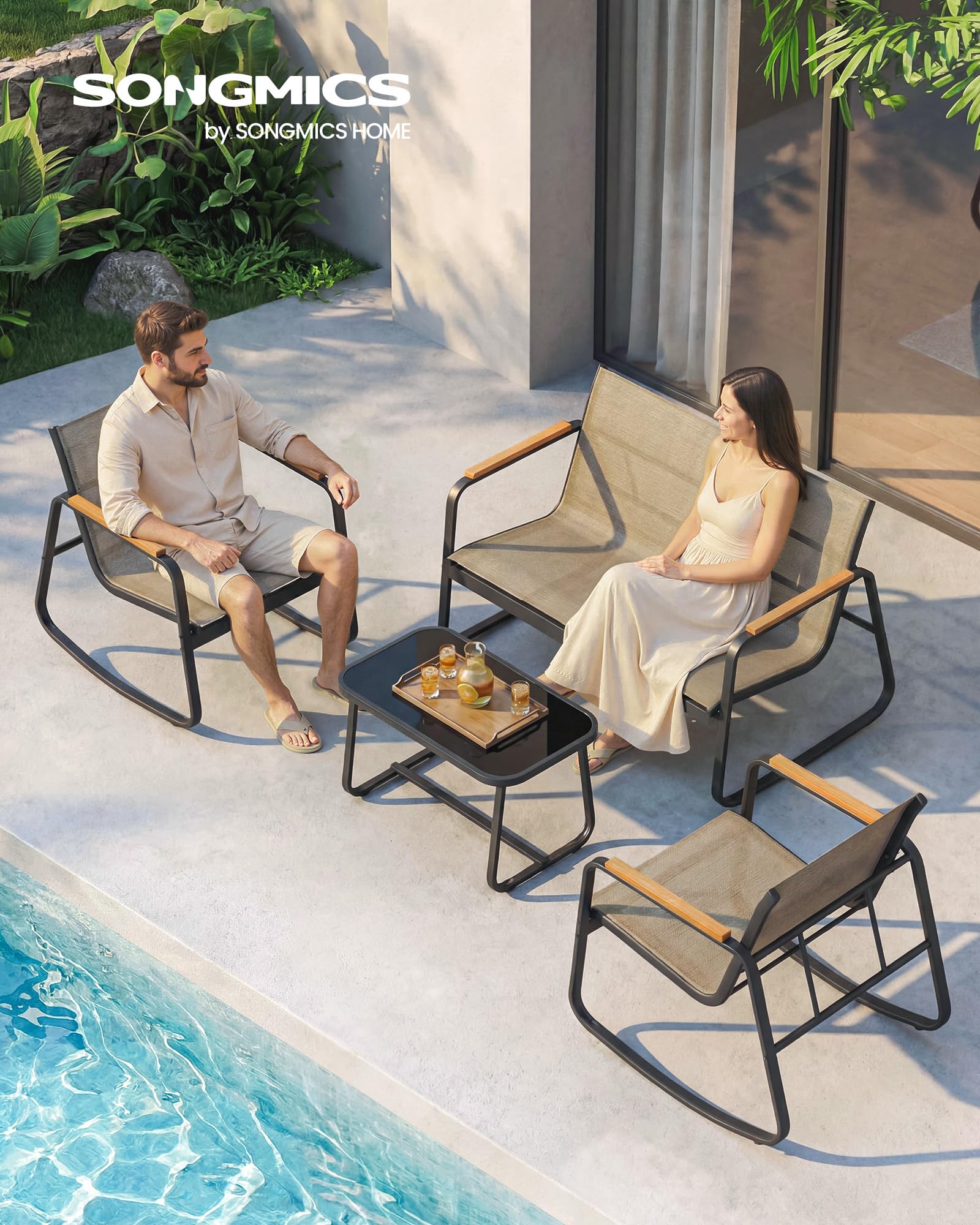 SONGMICS Set Mobili da Giardino, Set da Balcone, 2 Sedie a Dondolo con Tavolino, Panchina da Giardino, Acciaio, Tessuto Sintetica Traspirante, per Terrazza e Giardino, Marrone Chiaro GGF0028KZ01