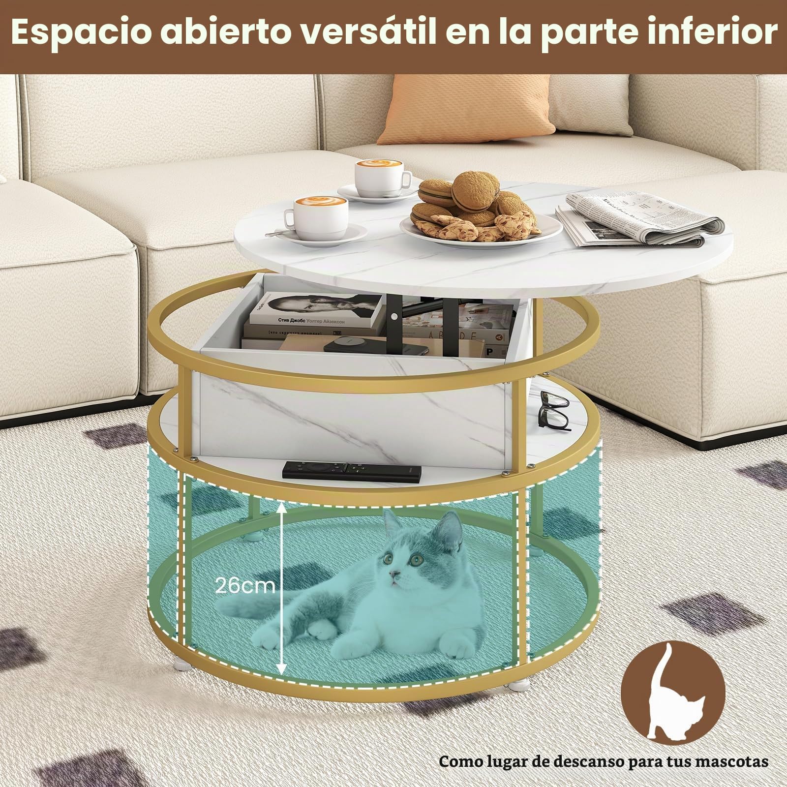 GIANTEX Mesa de Centro Redonda con Tablero Elevable, Aspecto de Imitación de Mármol y Espacio de Almacenamiento Oculto, 80 x 80 x 49 cm, Mesa Auxiliar para Salón, Oficina