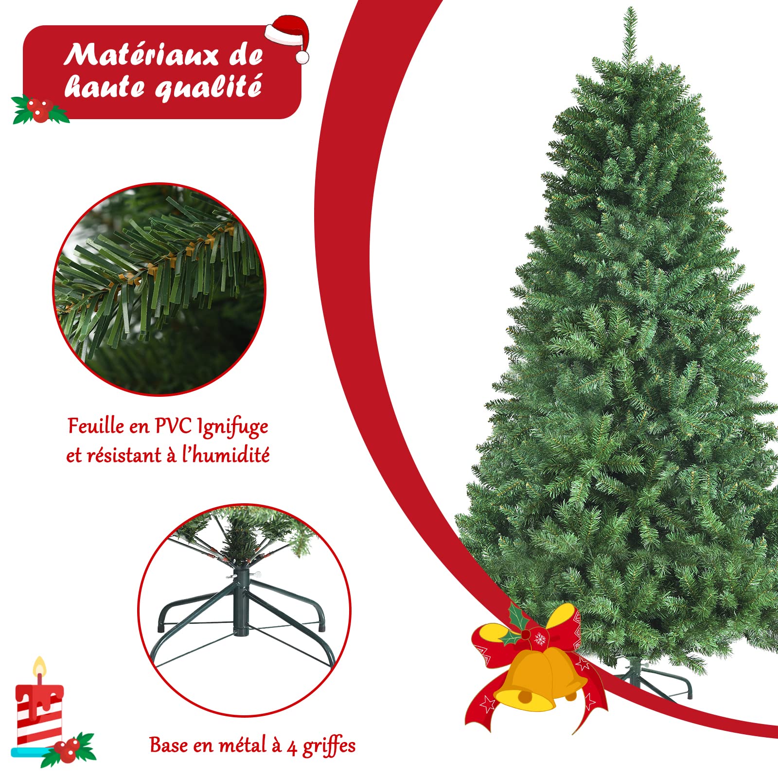GYMAX Sapin De Noël Artificiel 180 Cm - Feuillage Dense PVC - Montage Facile