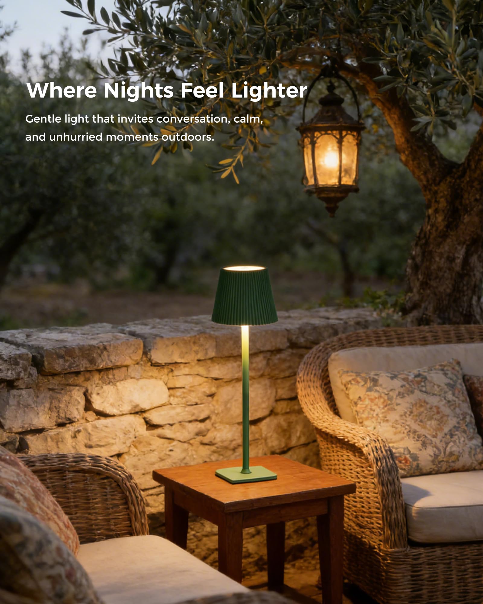 Lampada da tavolo senza fili 1 pezzi Verde VELA TL02 | IP54 | 5200mAh | 3000K-6000K | Touch dimmerabile | 8-10h durata | Giardino, Matrimonio, Terrazza, Cena, Campeggio