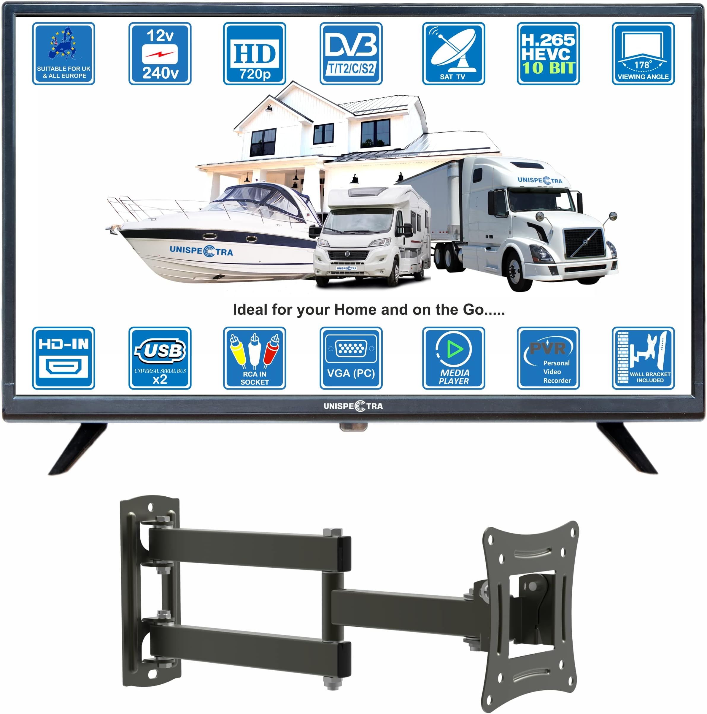 Unispectra® 19 Pouces HD LED Digital TV 12V / 240V TNT et Sat, Lecteur