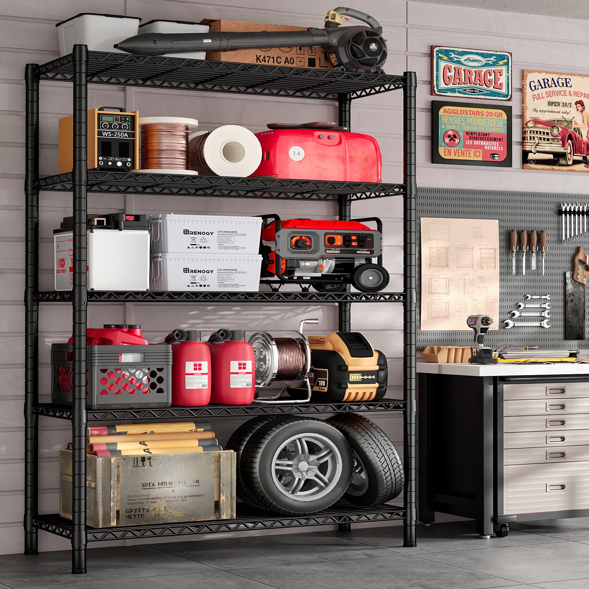 REIBII 76''H Wire Shelving Loads 2100LBS,5 Tier Metal Shelving with Adjustable Storage Shelves 36''W Garage Shelving Heavy Duty with Wheels Metal Shelves for Storage Rack, 76''HX36''WX16''D