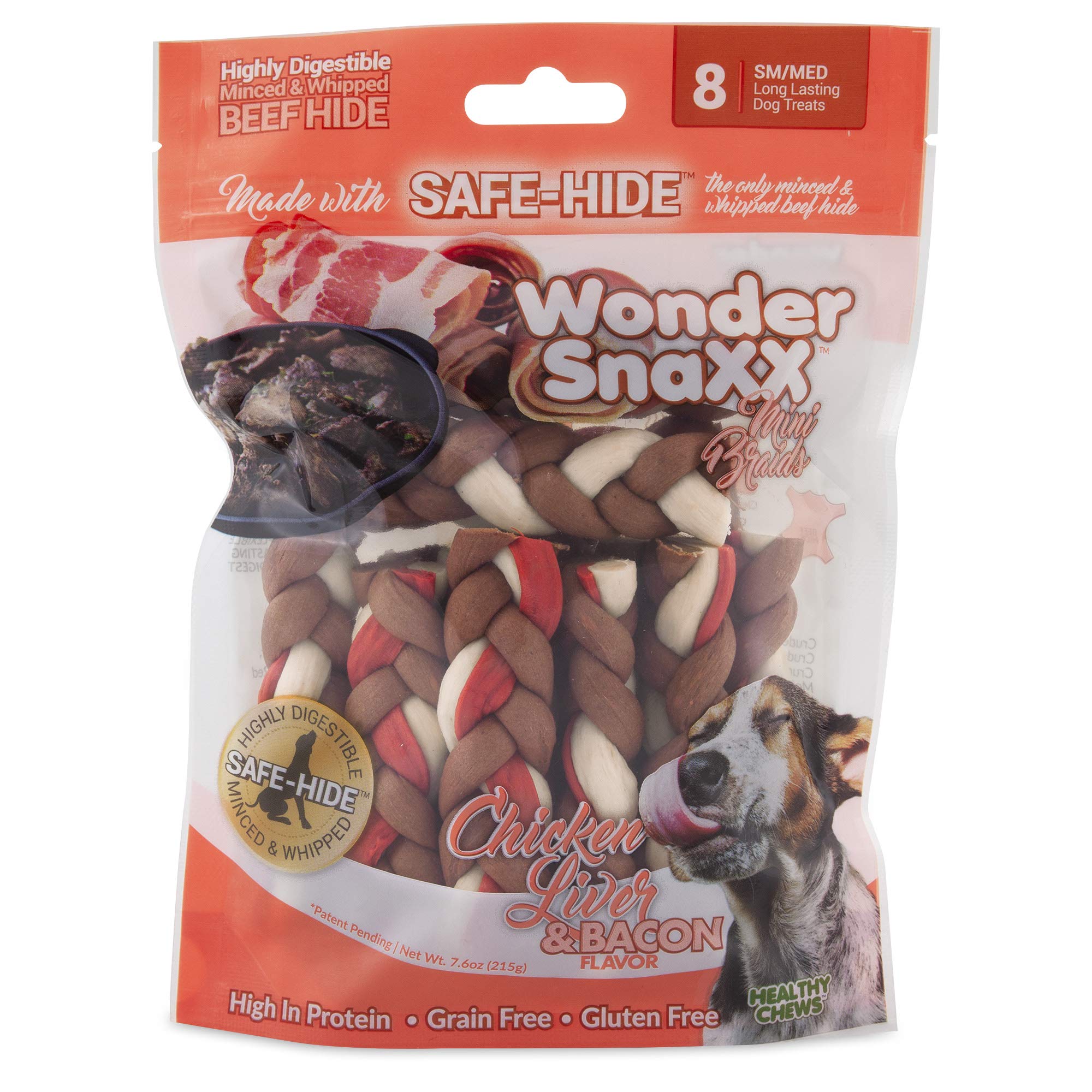 Chicken Liver & Bacon, Mini Braids, Dog Chews Made from Whipped Rawhide, Sm/Med, 8 Mini Braids