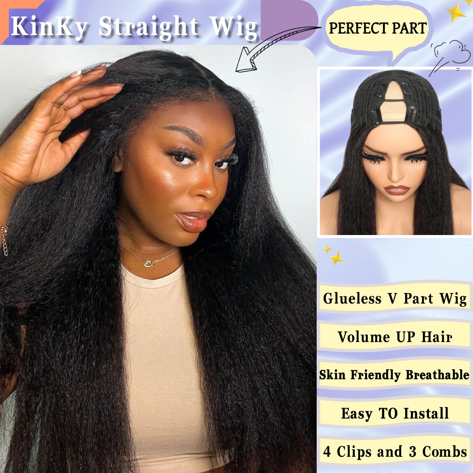 Black Kinky Straight V-Part Human Hair Wig